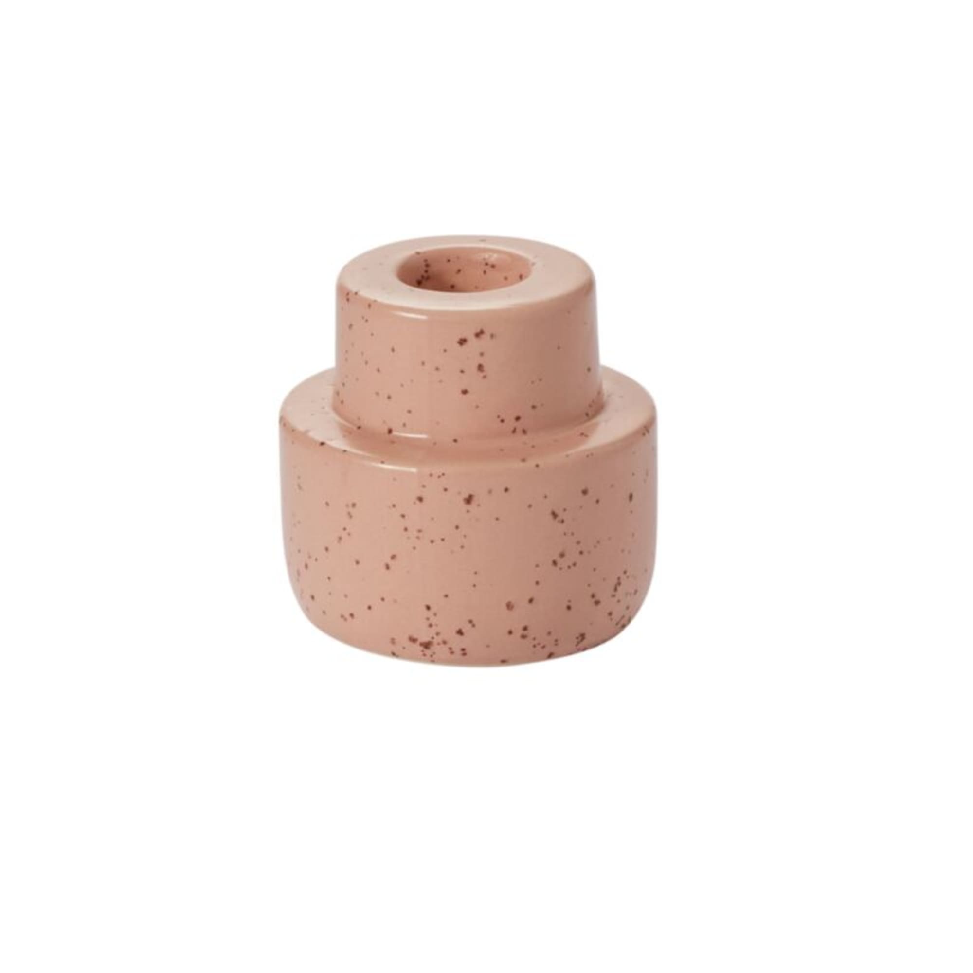 Small speckled pink ceramic vase with a stacked cylindrical shape on a white background
