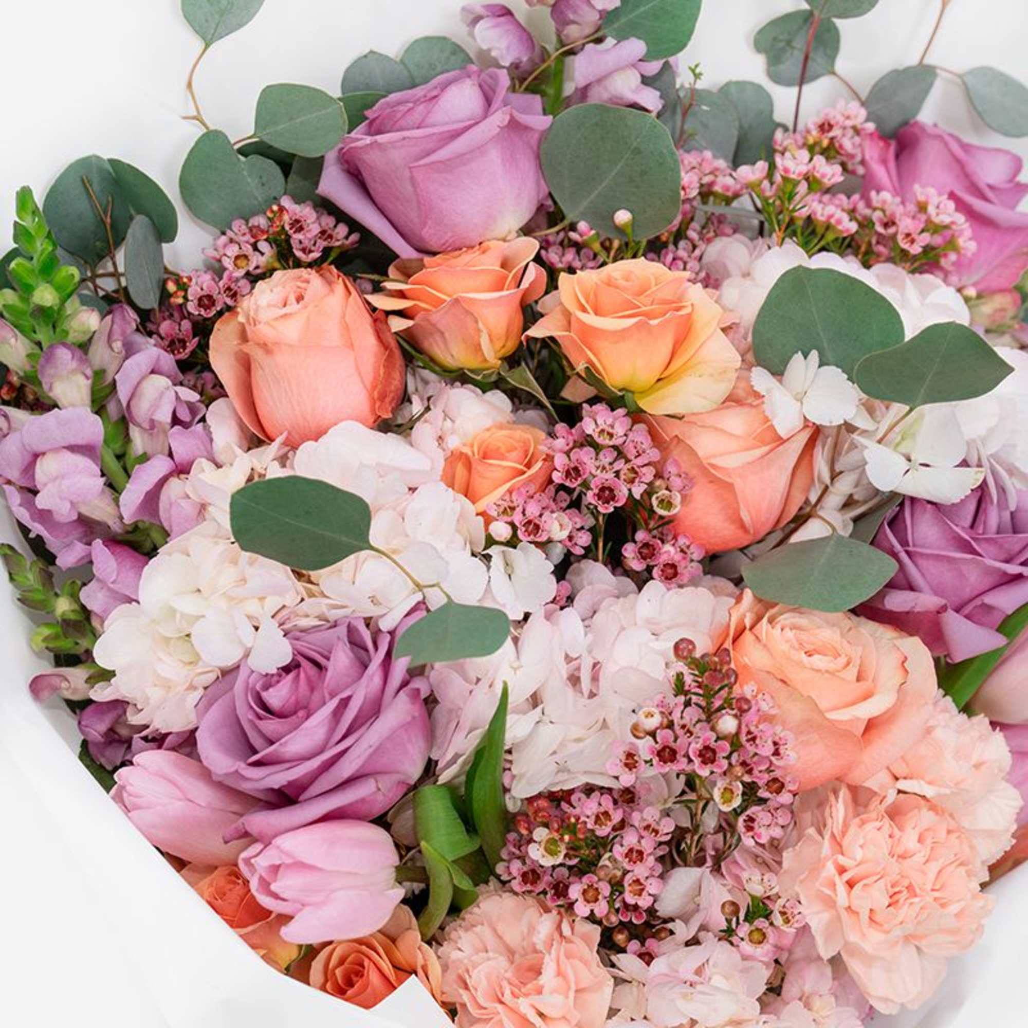 Hand-tied bouquet of peach and lavender roses with pink carnations and white hydrangea blooms