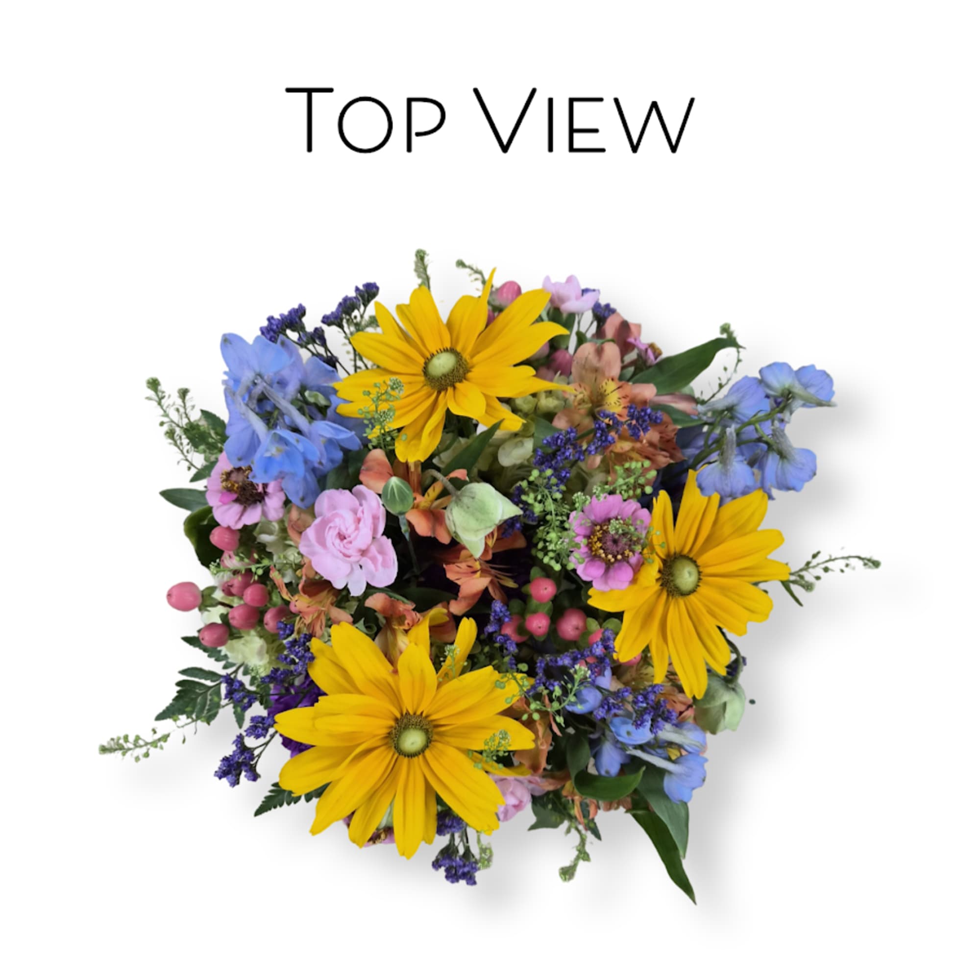 Top-view bouquet with yellow daisies, blue flowers, and pink blooms