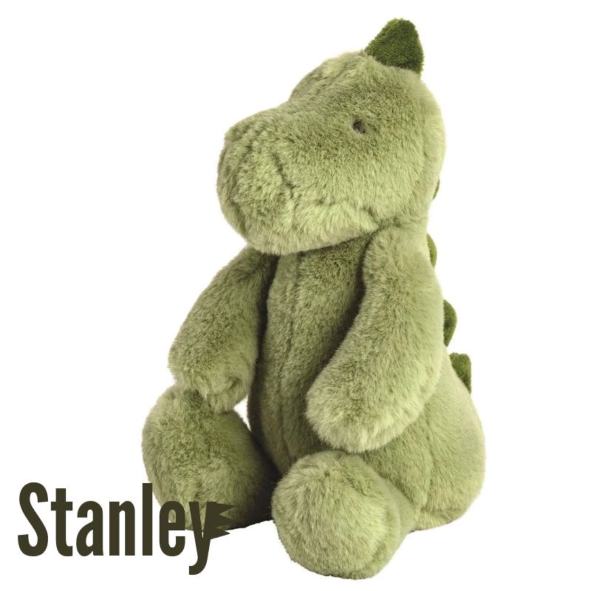 Green plush dinosaur toy sitting on a white background