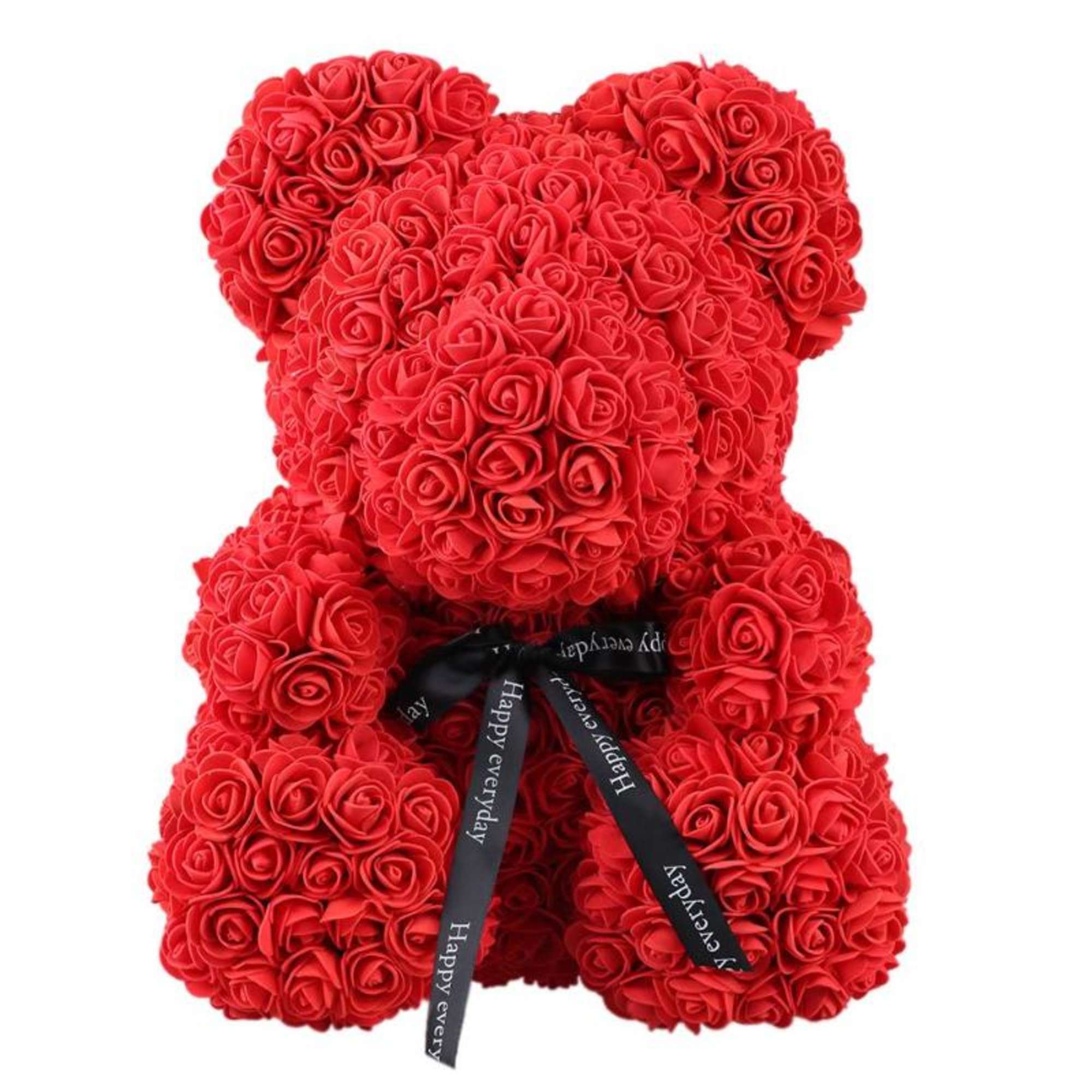 Red teddy bear made of roses with a black ribbon