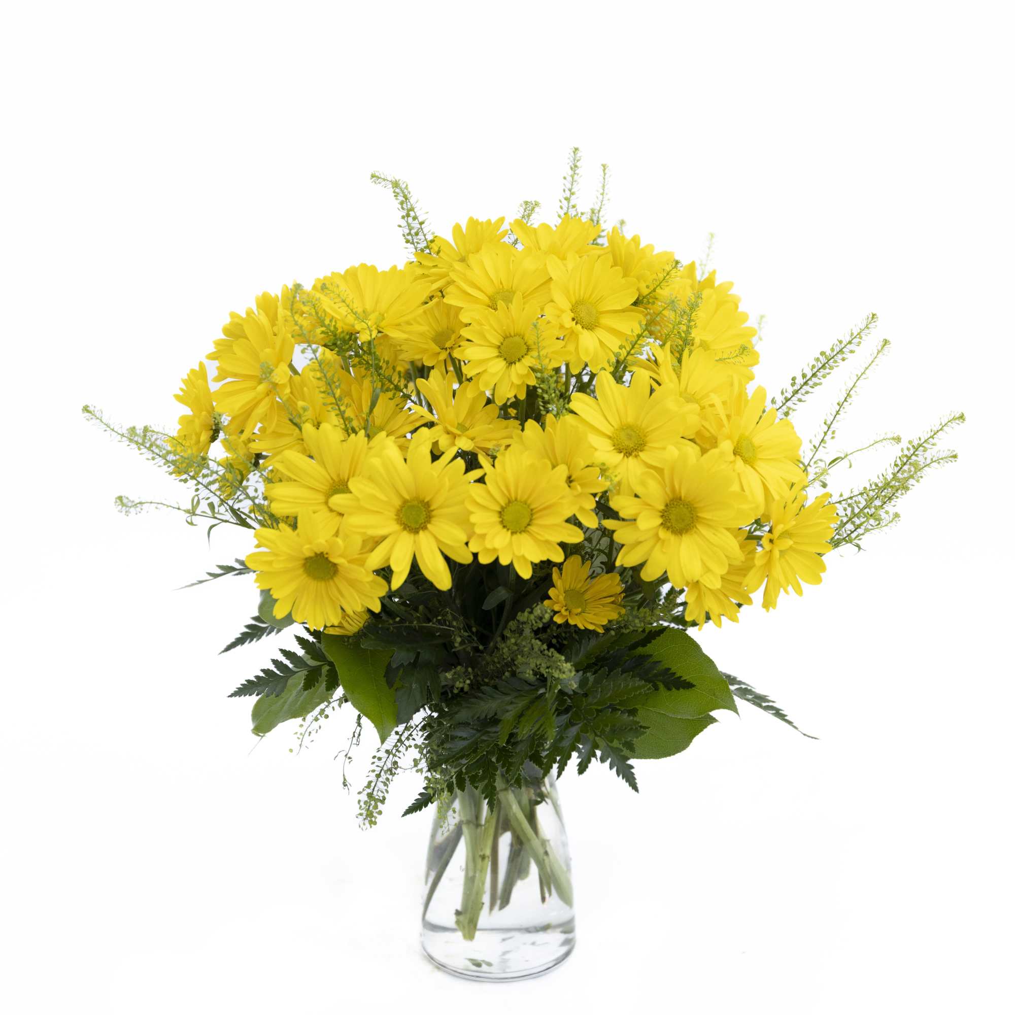 Yellow daisy bouquet in a clear glass vase
