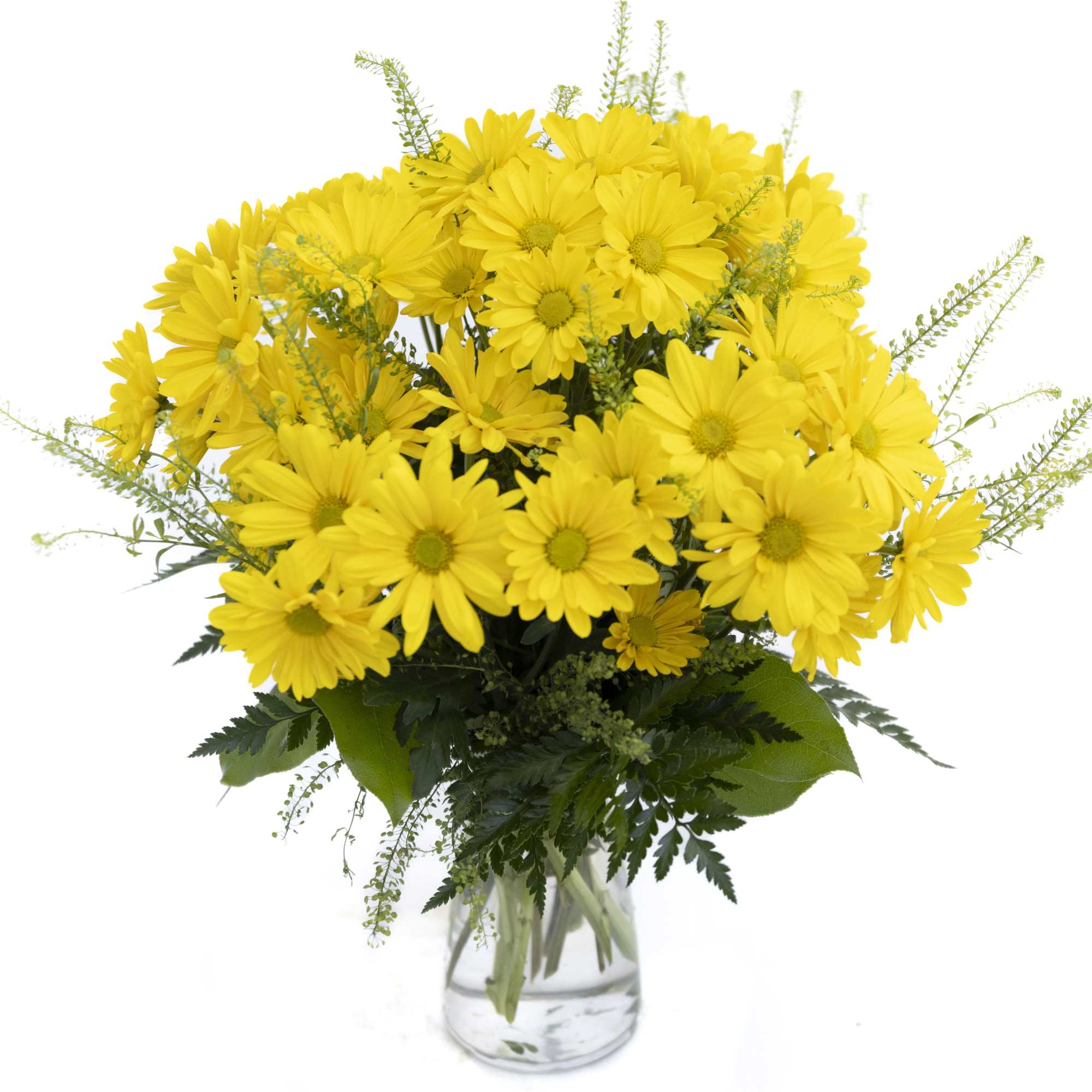Yellow daisy bouquet in a clear glass vase, photo 2 of 2