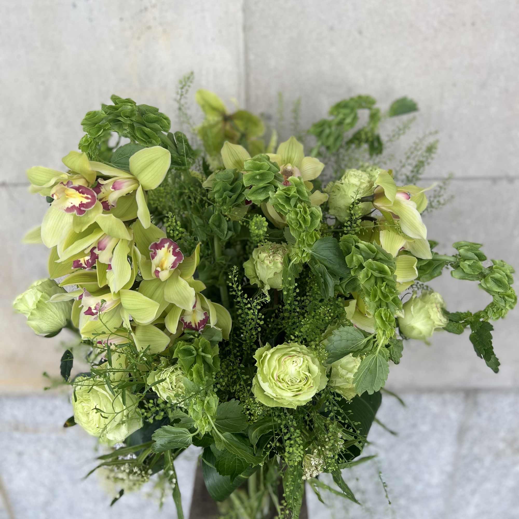 Green orchid and rose arrangement in a square vase