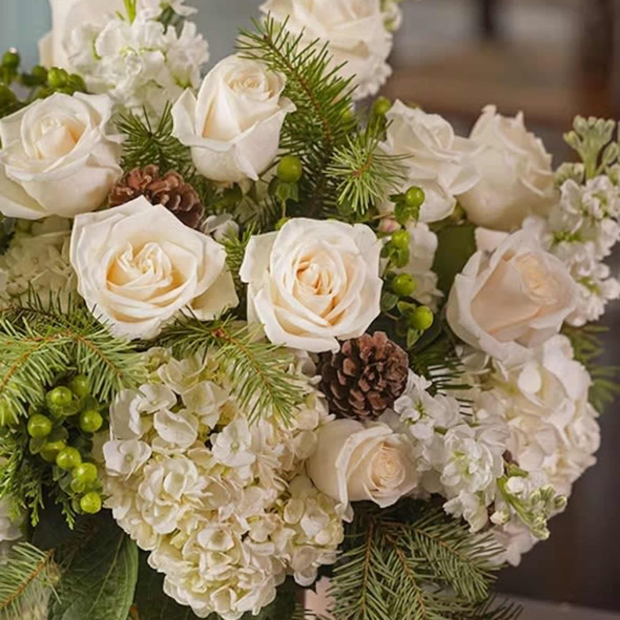 White roses and stock and scented winter cedars nestled in a snowy, photo 2 of 2