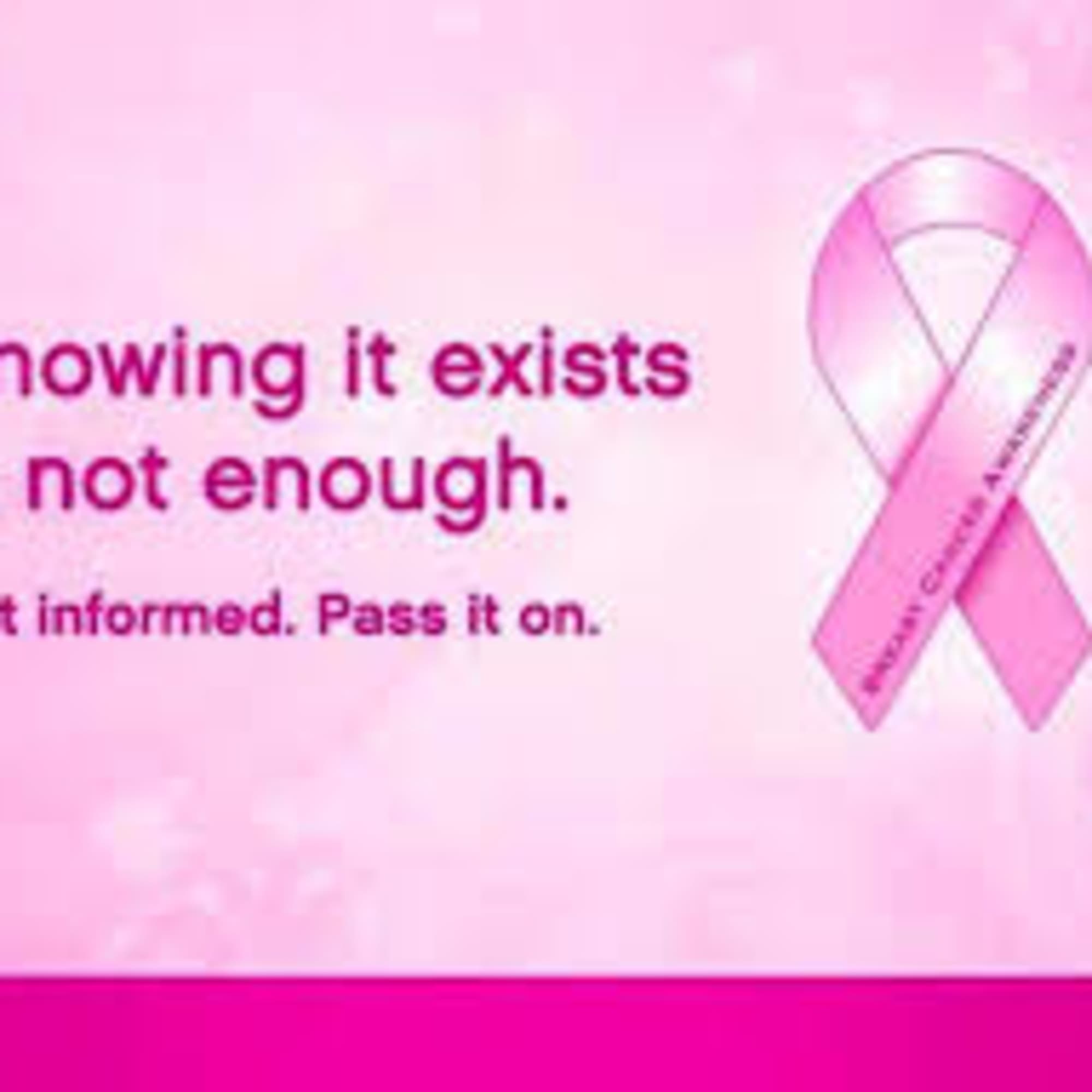 Pink breast cancer awareness ribbon with text on a pink background