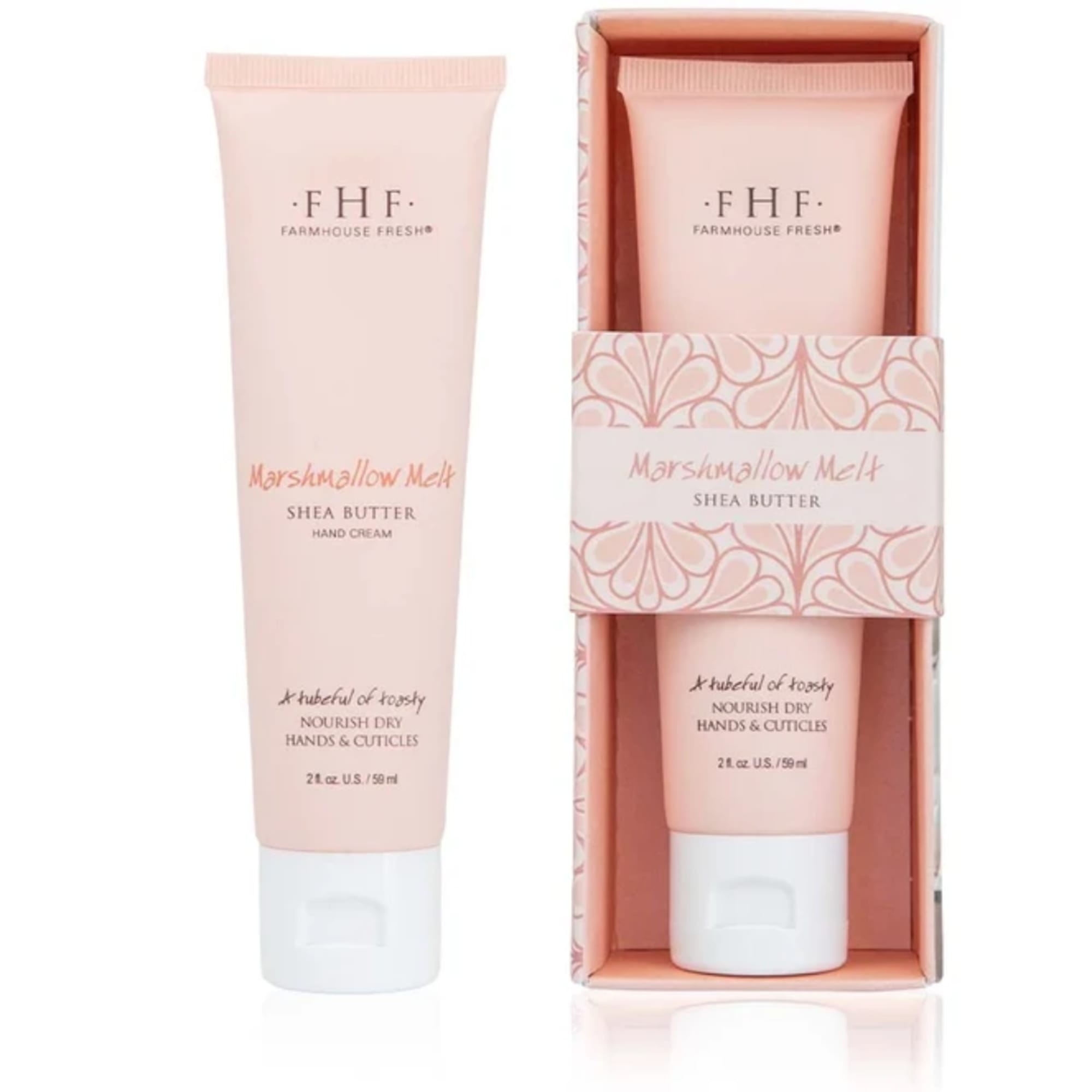 Two pink hand cream tubes, one in a decorative box
