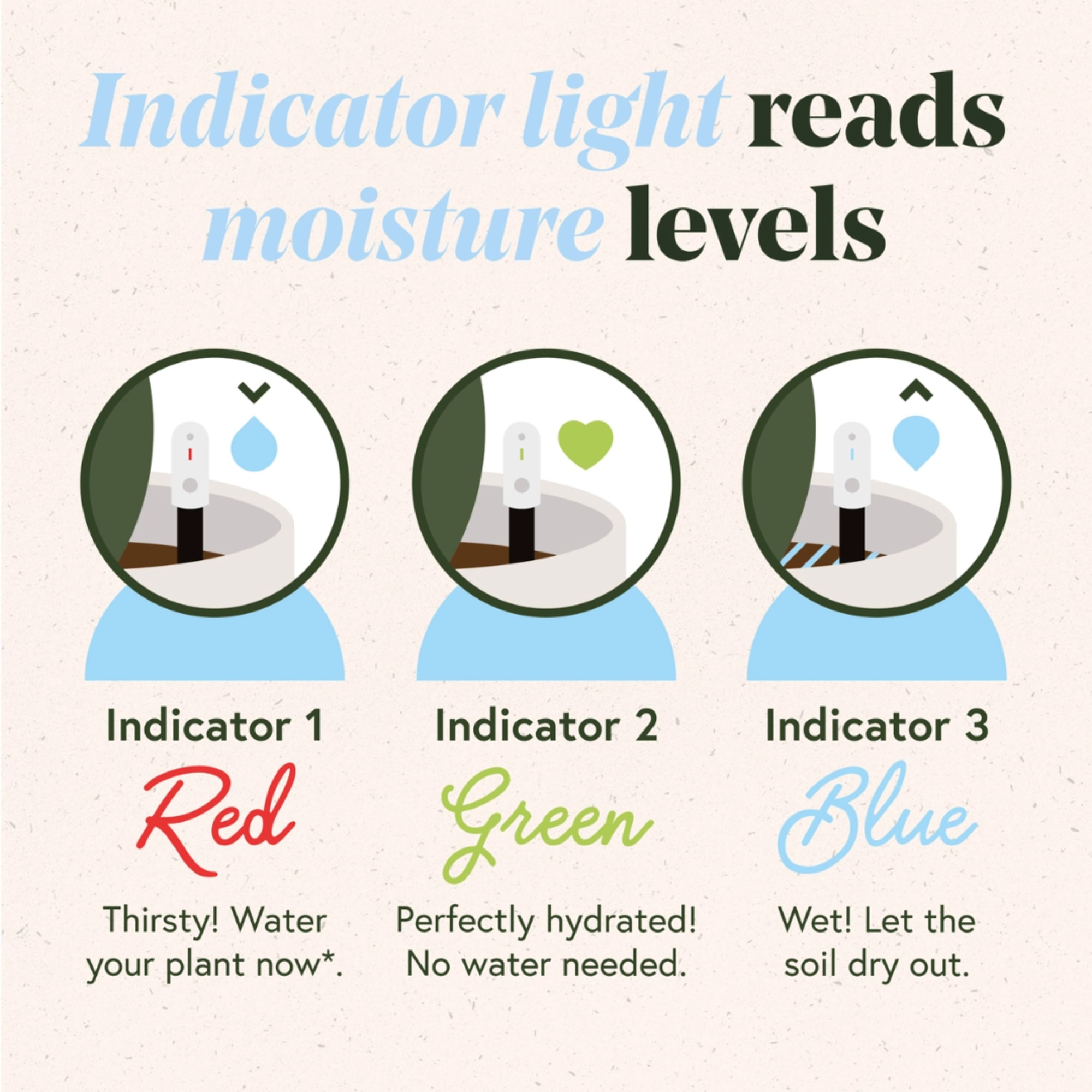 Graphic showing plant moisture indicator levels with red, green, and blue icons