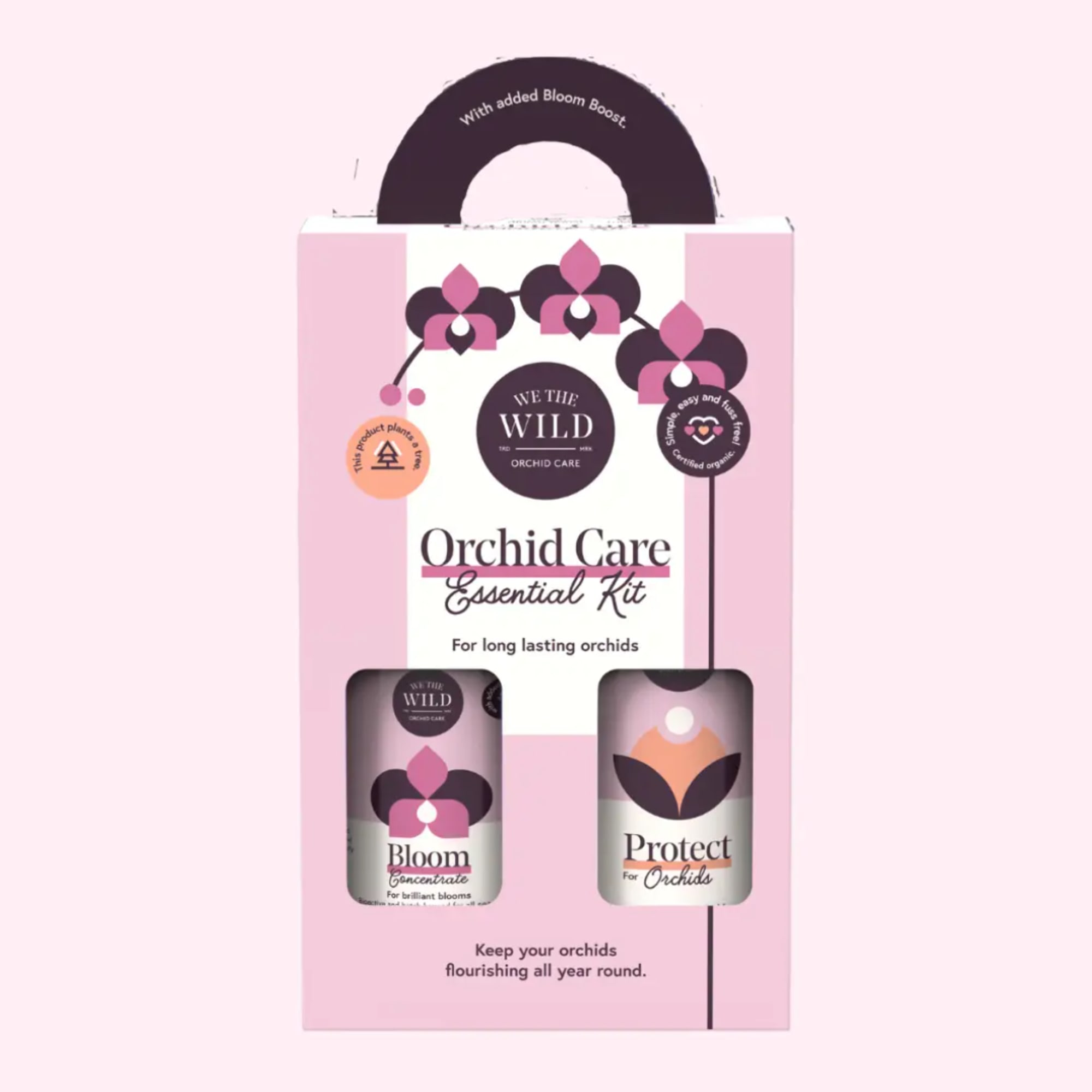 Orchid care kit in a pink box with two bottles visible