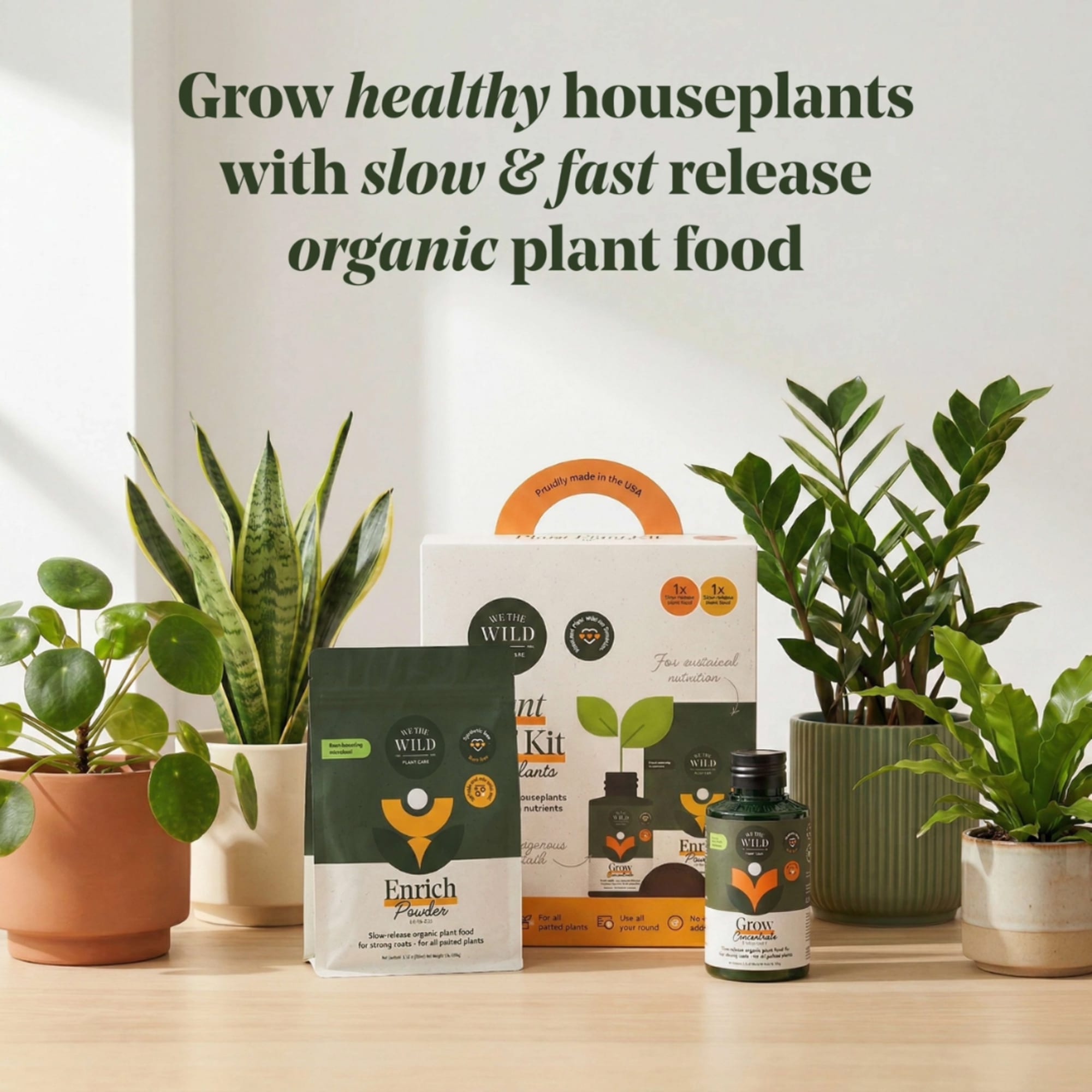 Houseplants with plant food products and packaging on a table