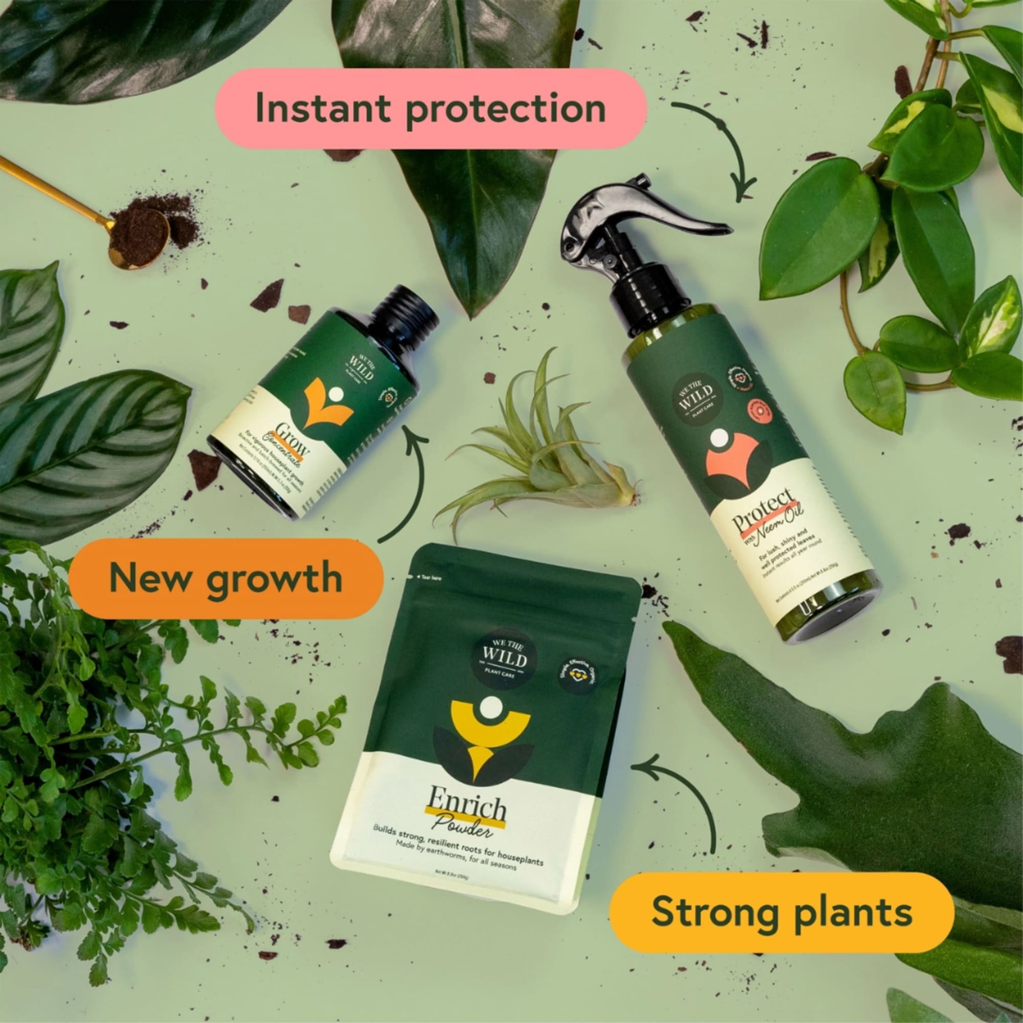 Plant care products with potted plant leaves and soil on a green background