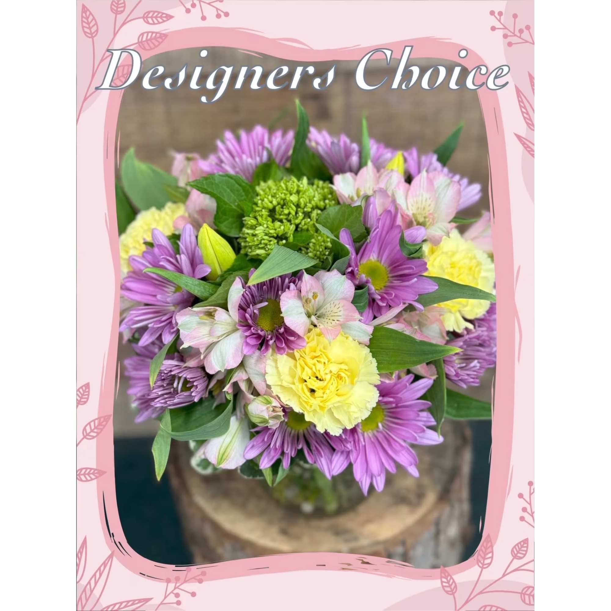 Mixed bouquet of purple daisies, pink alstroemeria, and yellow carnations