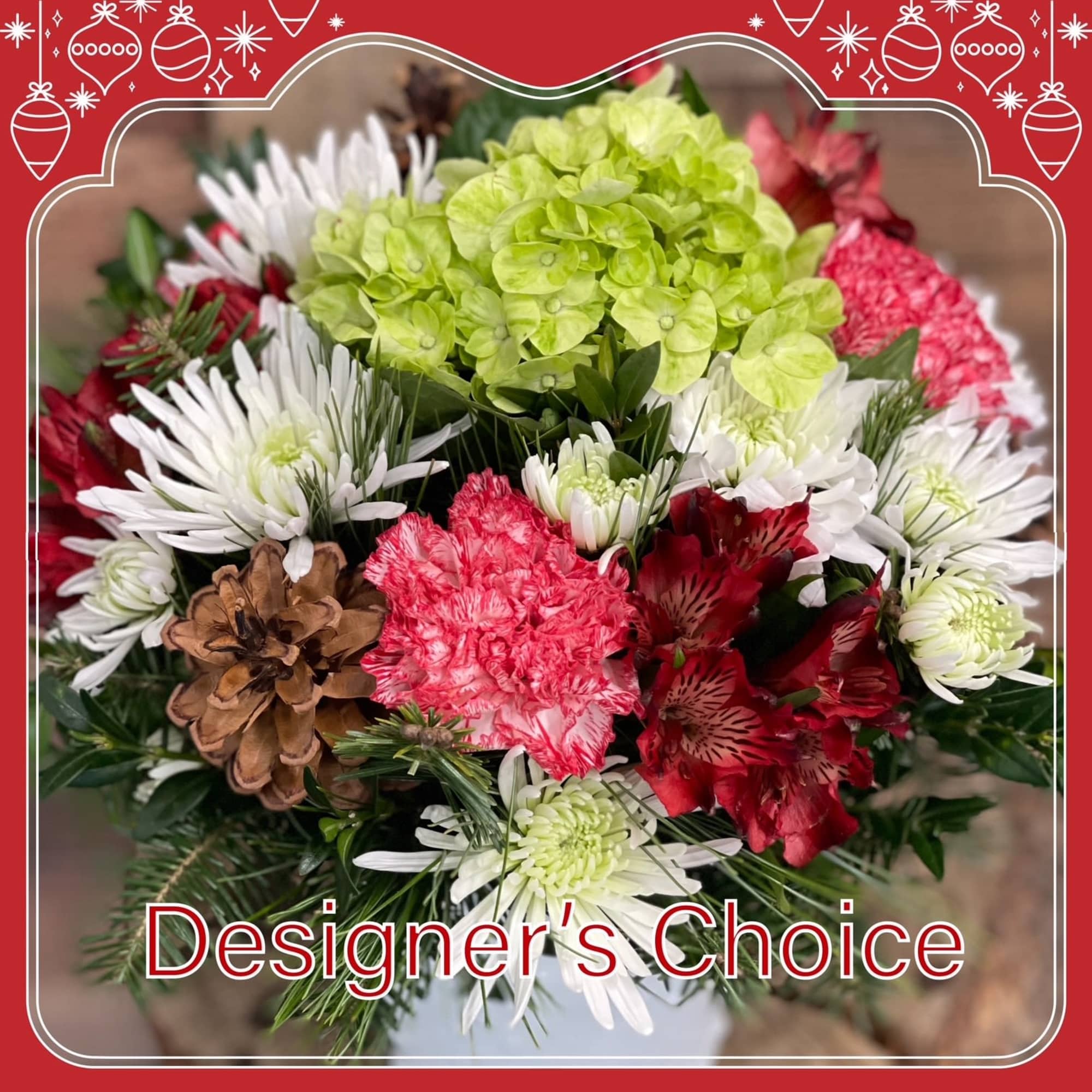 Mixed bouquet with white daisies, red carnations, and green hydrangea