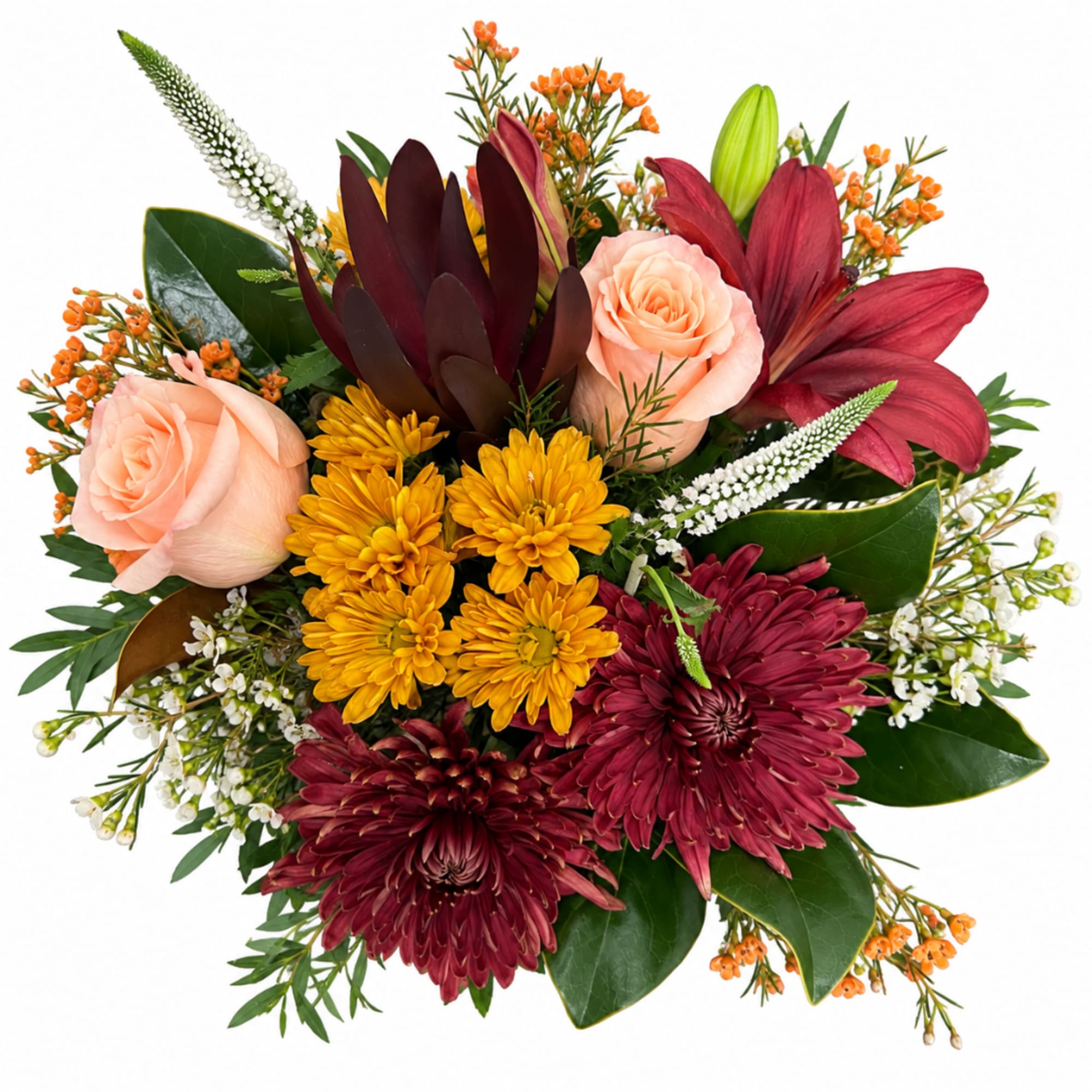 Mixed bouquet with peach roses, burgundy lilies, and yellow chrysanthemums