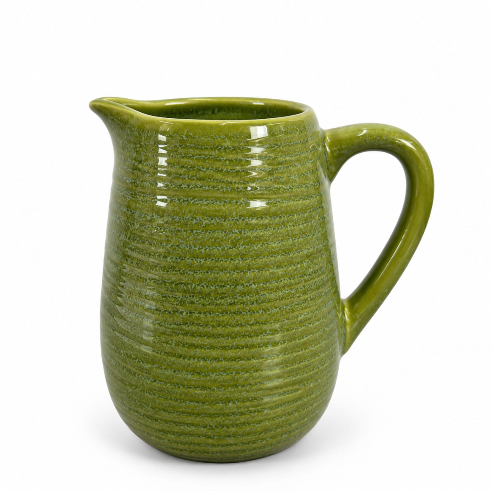 Green ceramic pitcher with a handle and spout