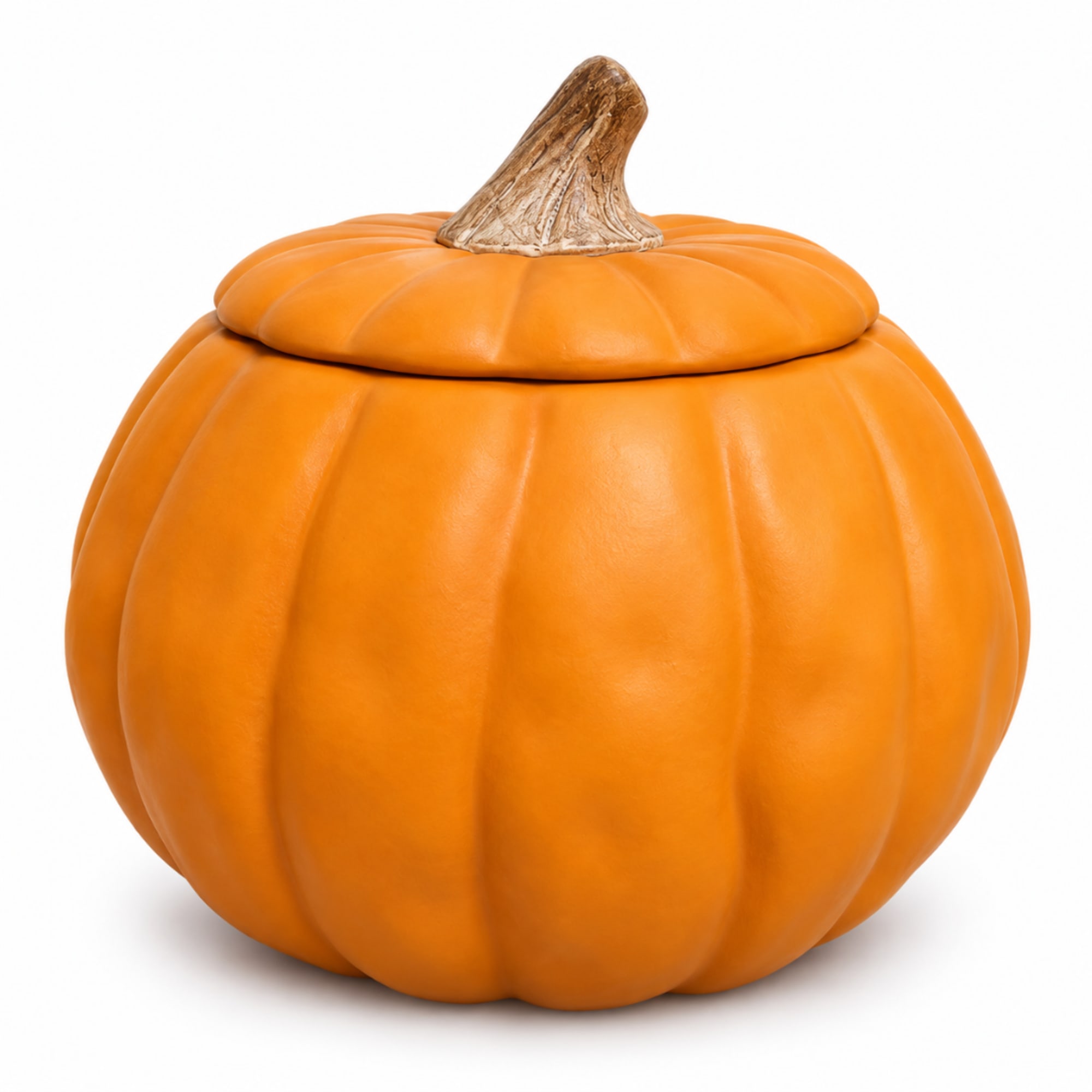 Orange pumpkin-shaped decorative container on a white background