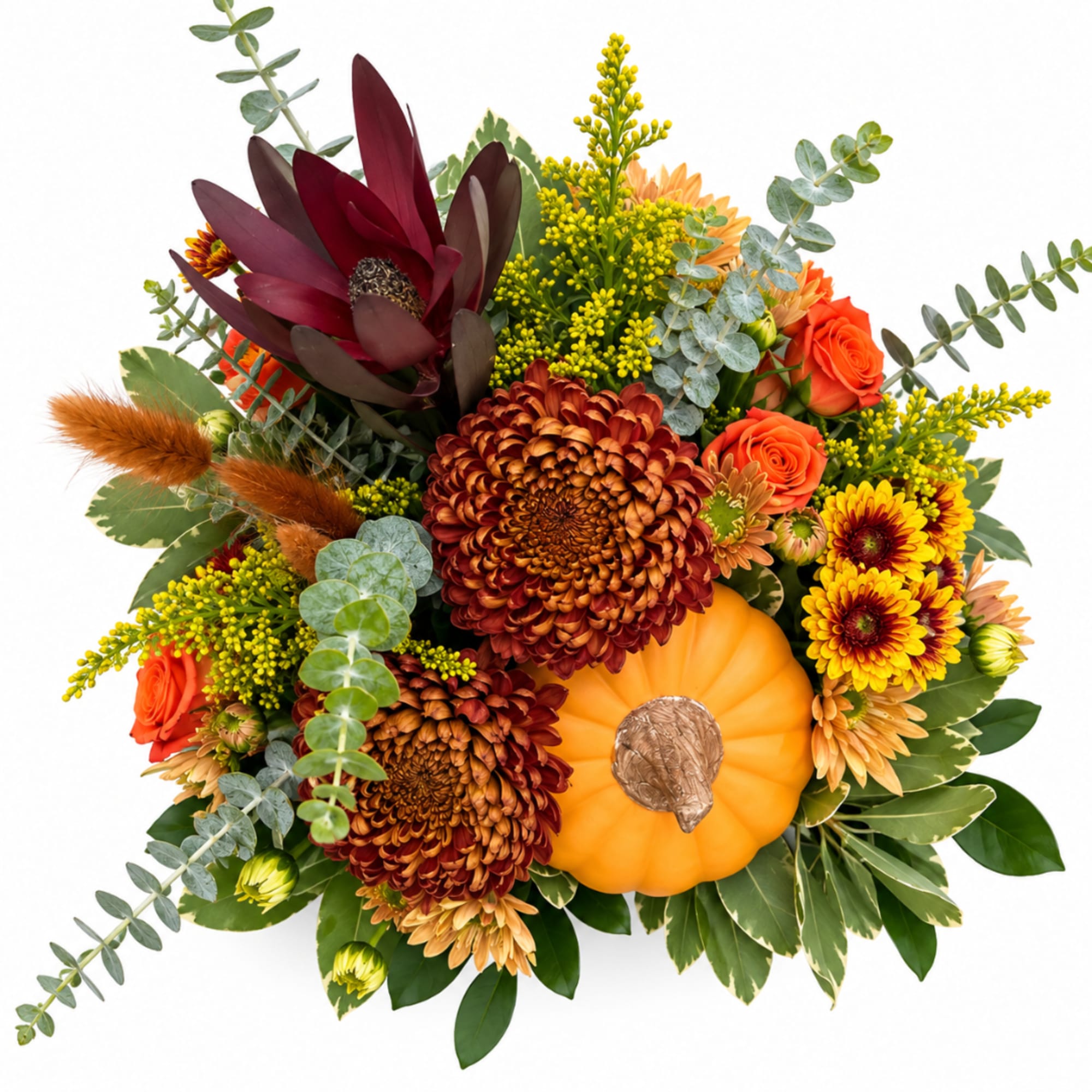 Autumn bouquet with orange roses, chrysanthemums, and a pumpkin accent
