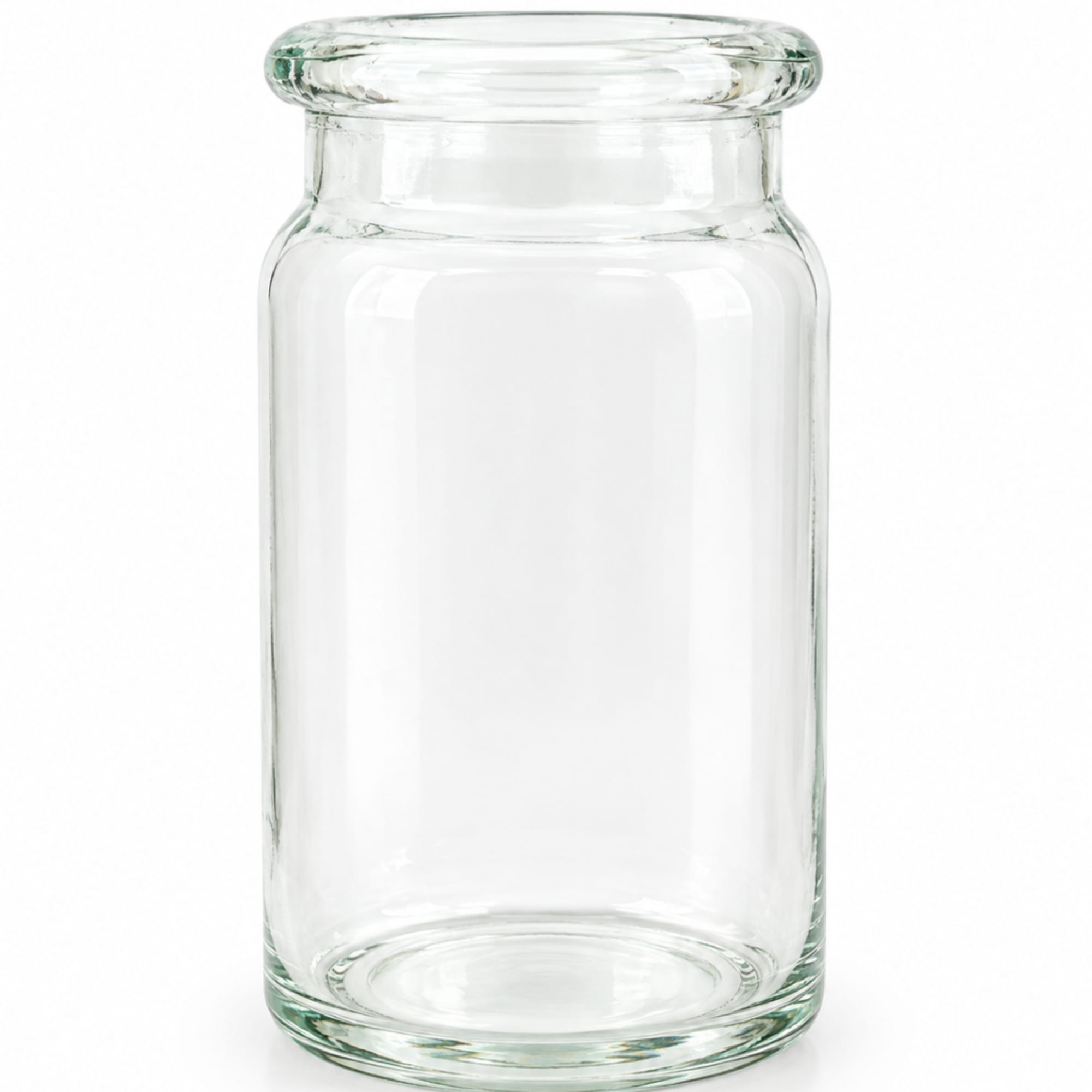Clear glass vase with a wide rim and cylindrical body