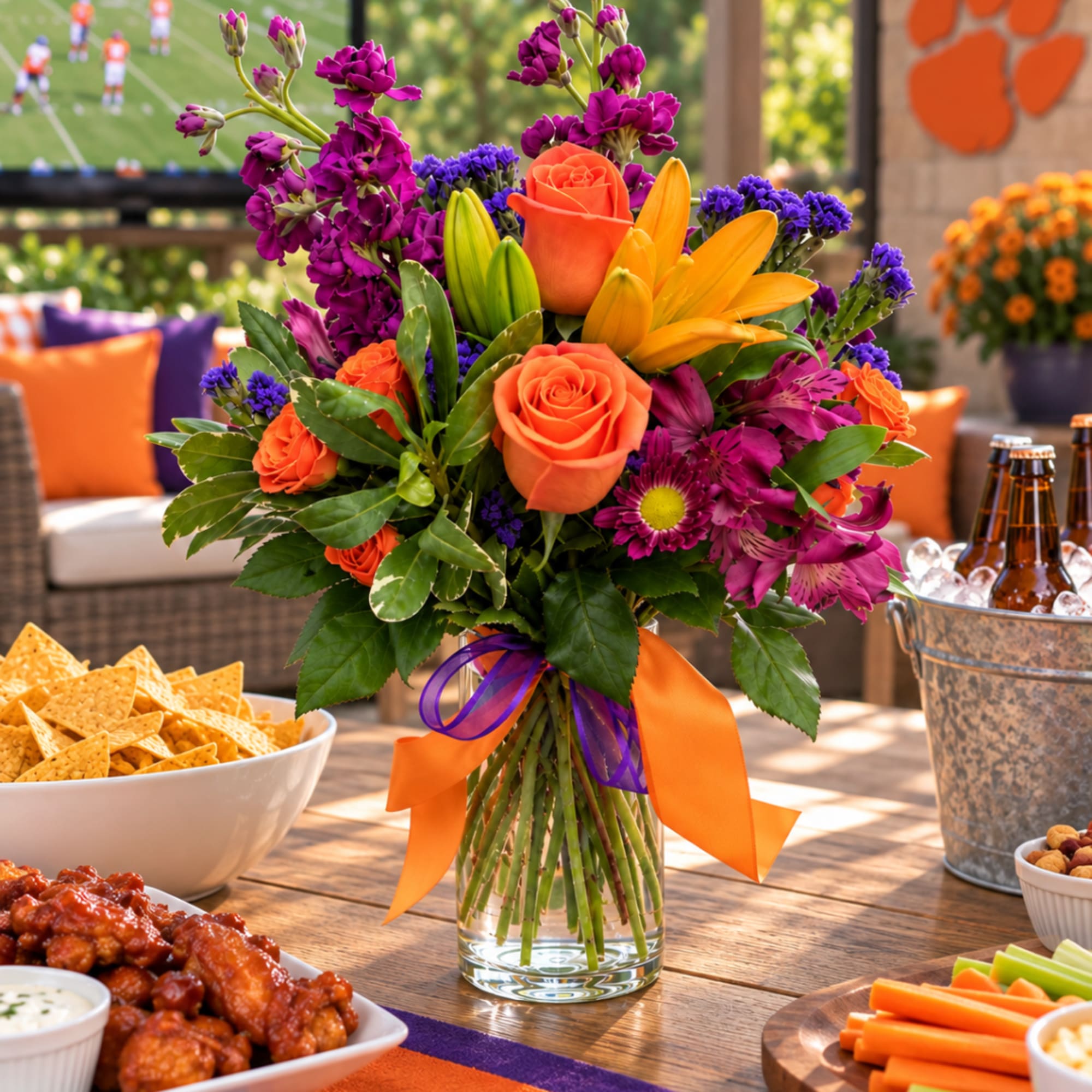 Bright mixed bouquet in a glass vase with orange ribbon