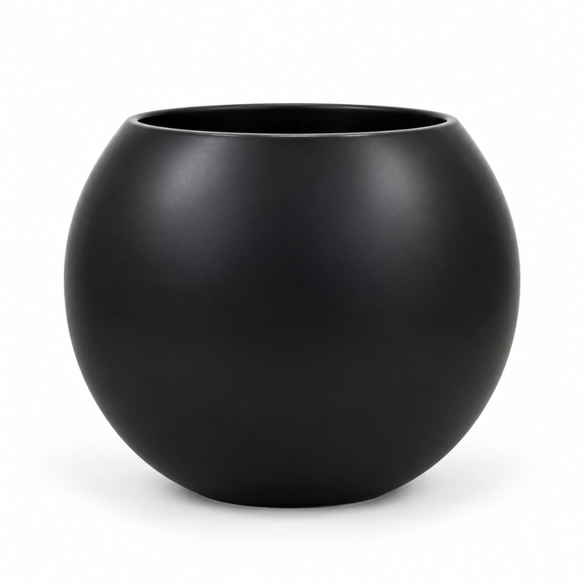 Black round ceramic vase on a white background