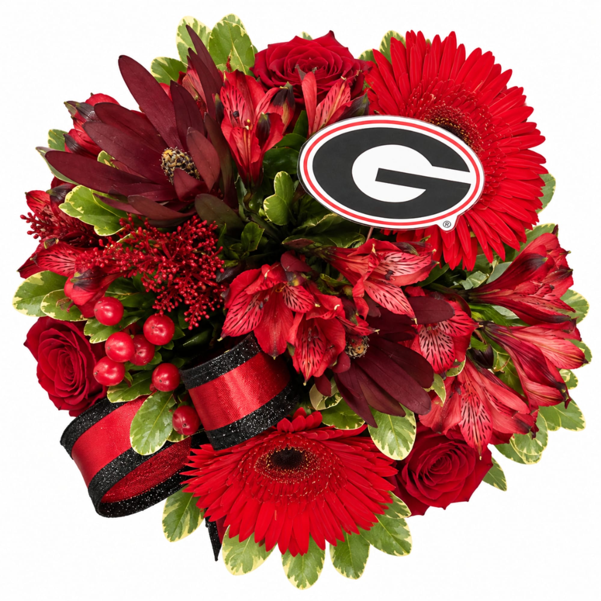 Red floral bouquet with roses, gerbera daisies, and alstroemeria