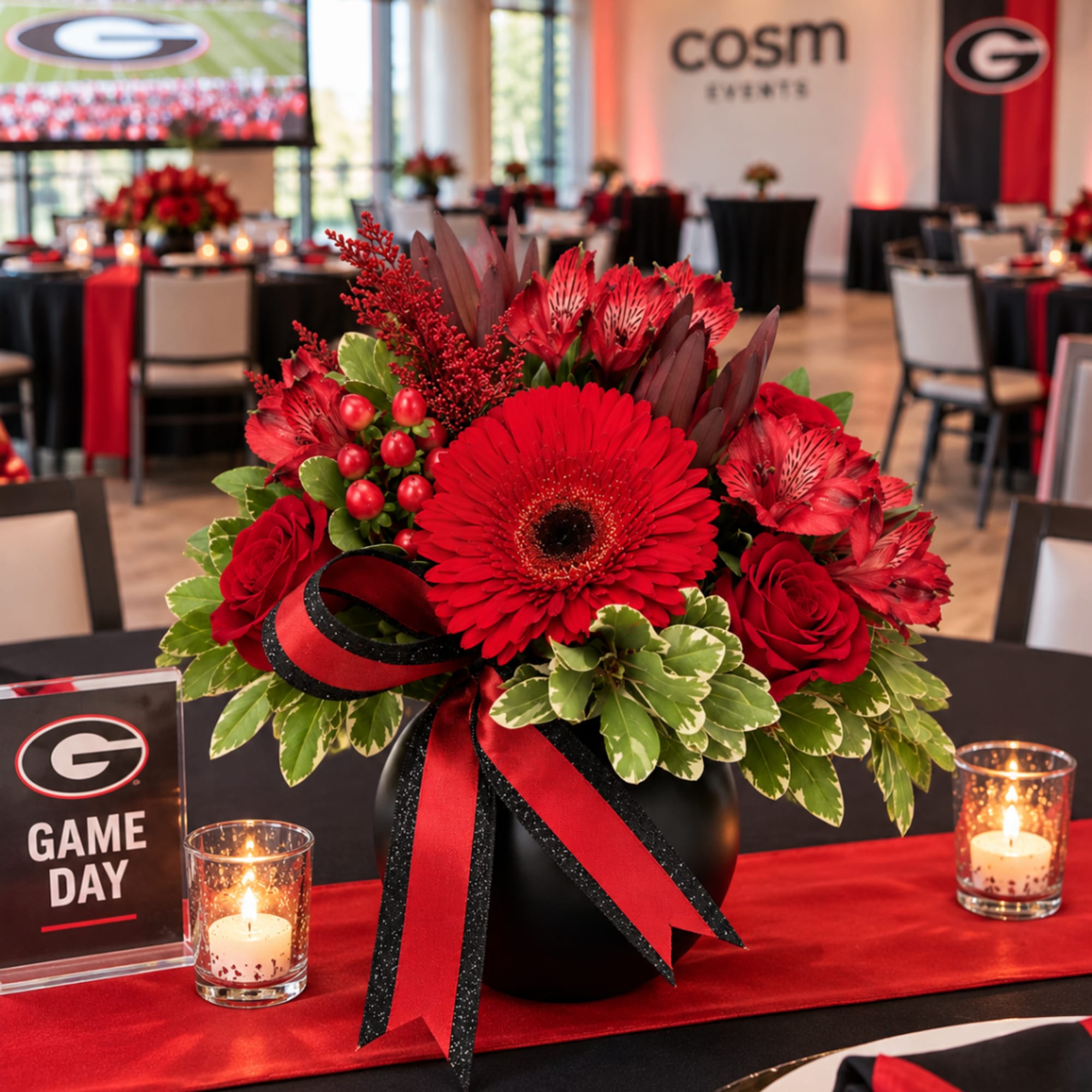 Red floral arrangement in a black vase with ribbon accents