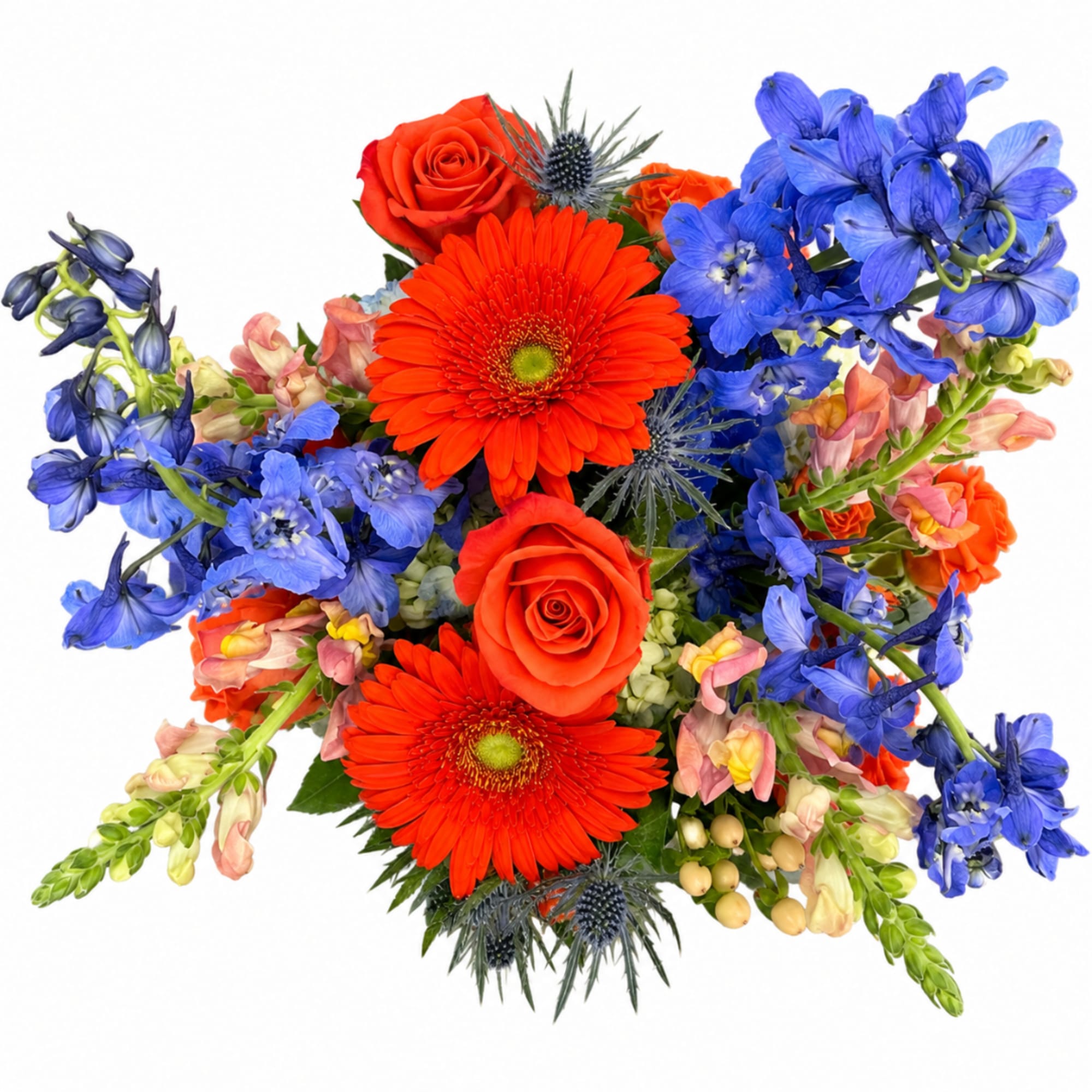 Bright bouquet with orange gerberas, red roses, and blue flowers