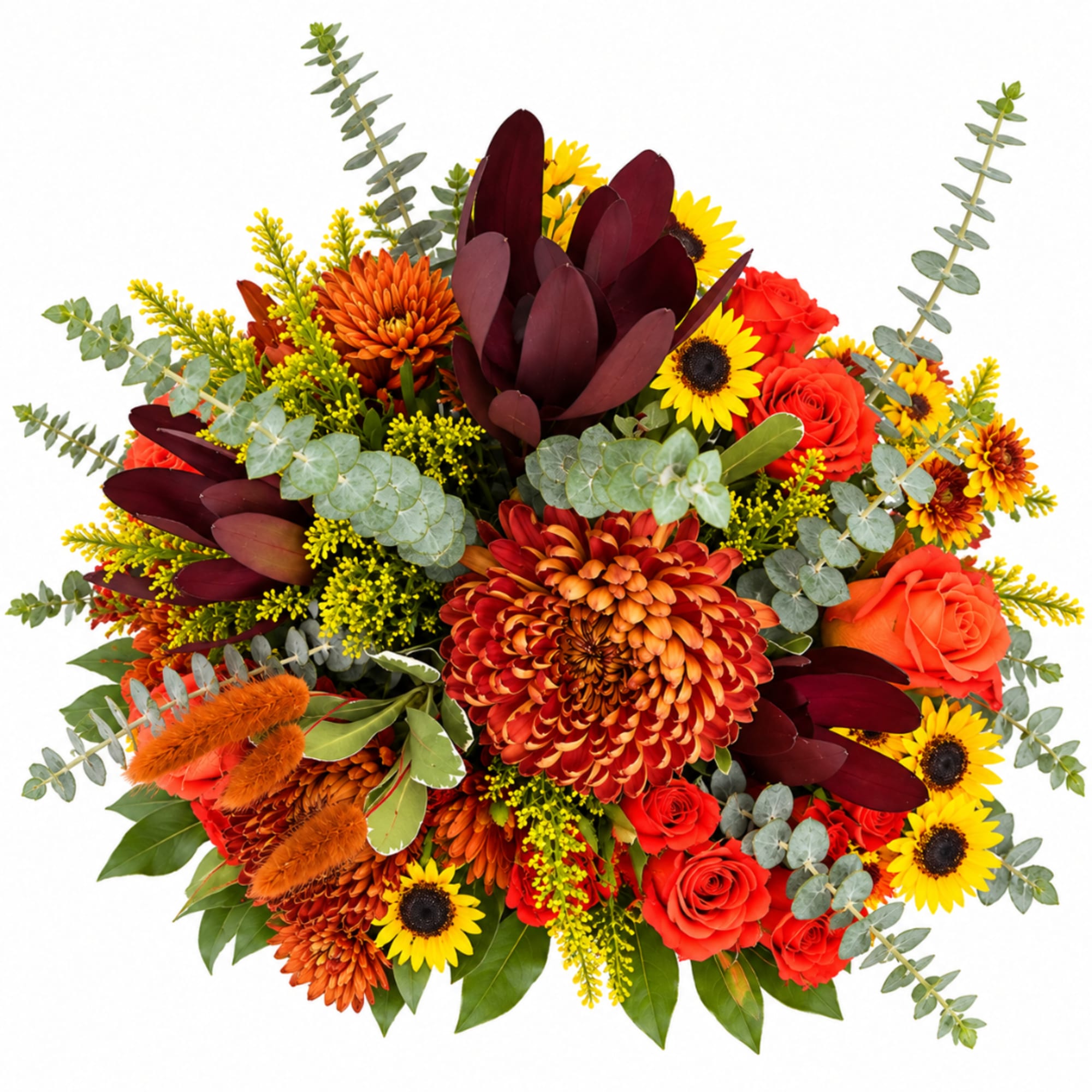 Autumn bouquet with orange chrysanthemums, red roses, and yellow sunflowers