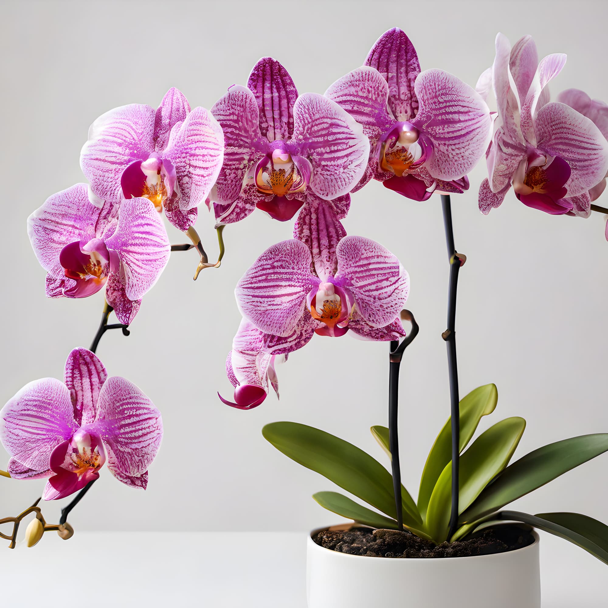 Pink orchid plant in a white pot with several blooming stems