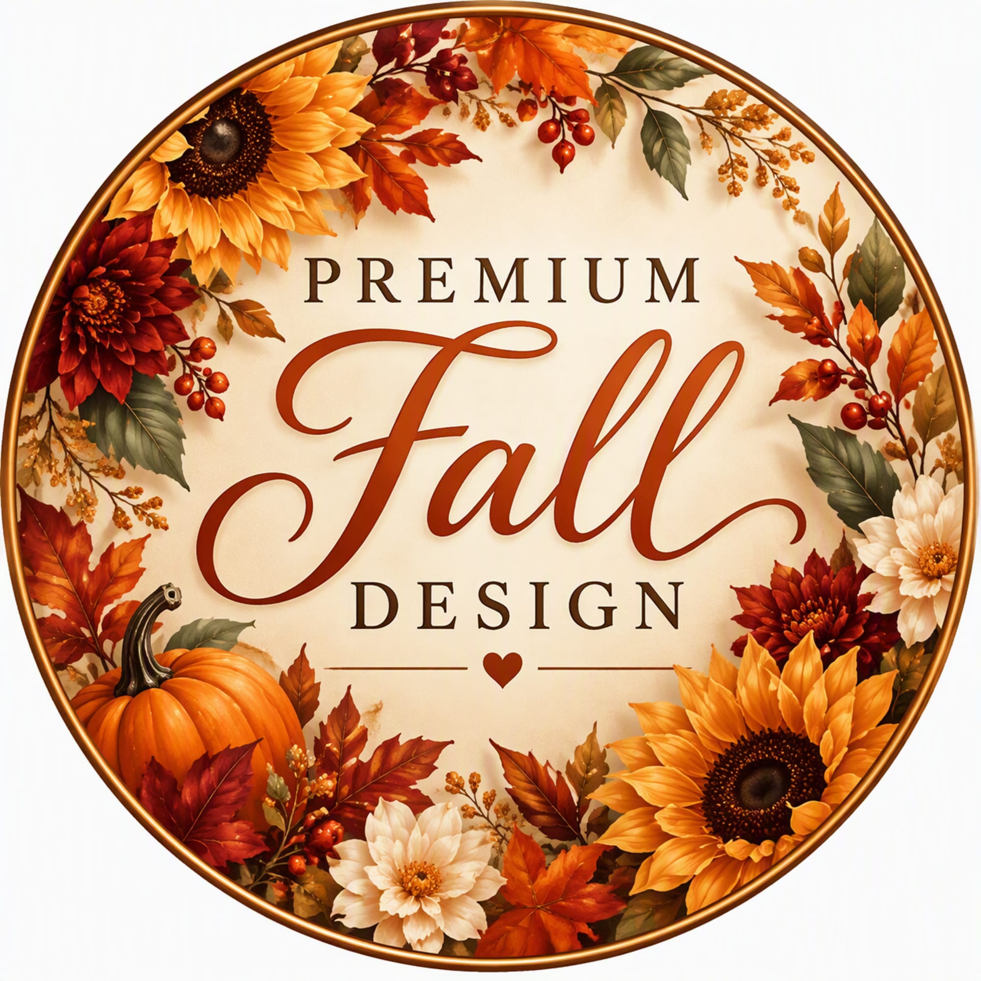 Round fall sign with sunflowers, pumpkins, and the words Premium Fall Design