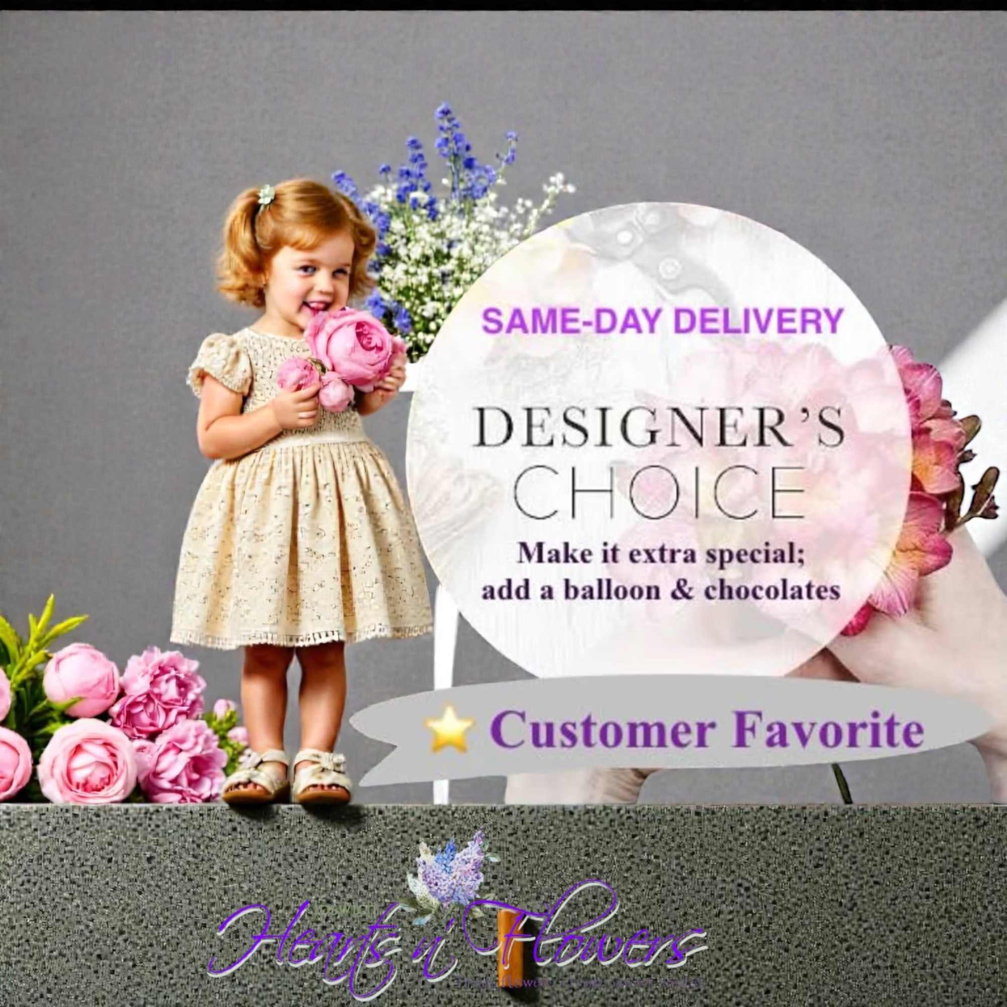 Promotional floral ad with a child holding pink flowers and a designer's choice message
