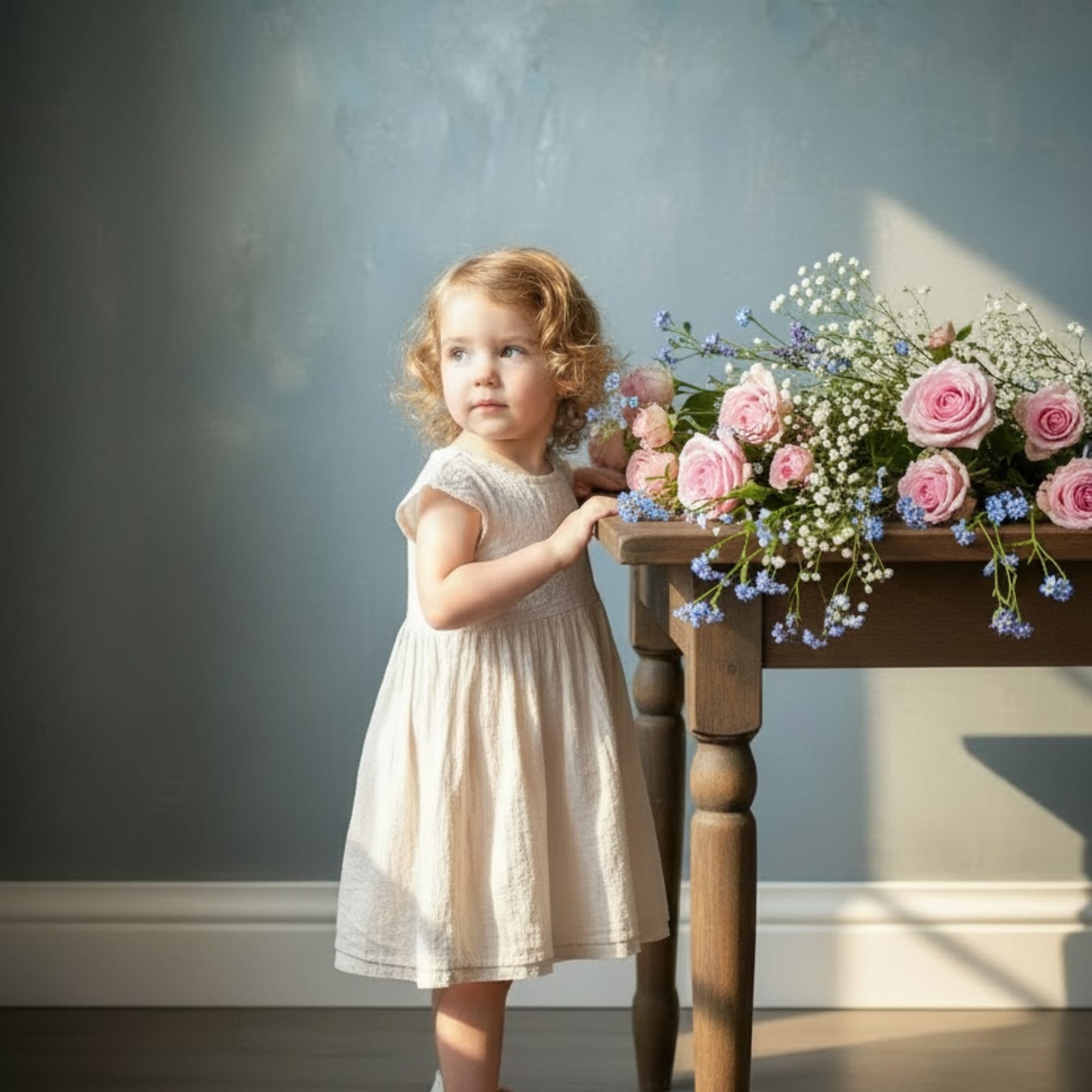 Pink rose arrangement on a wooden table beside a child in a cream dress