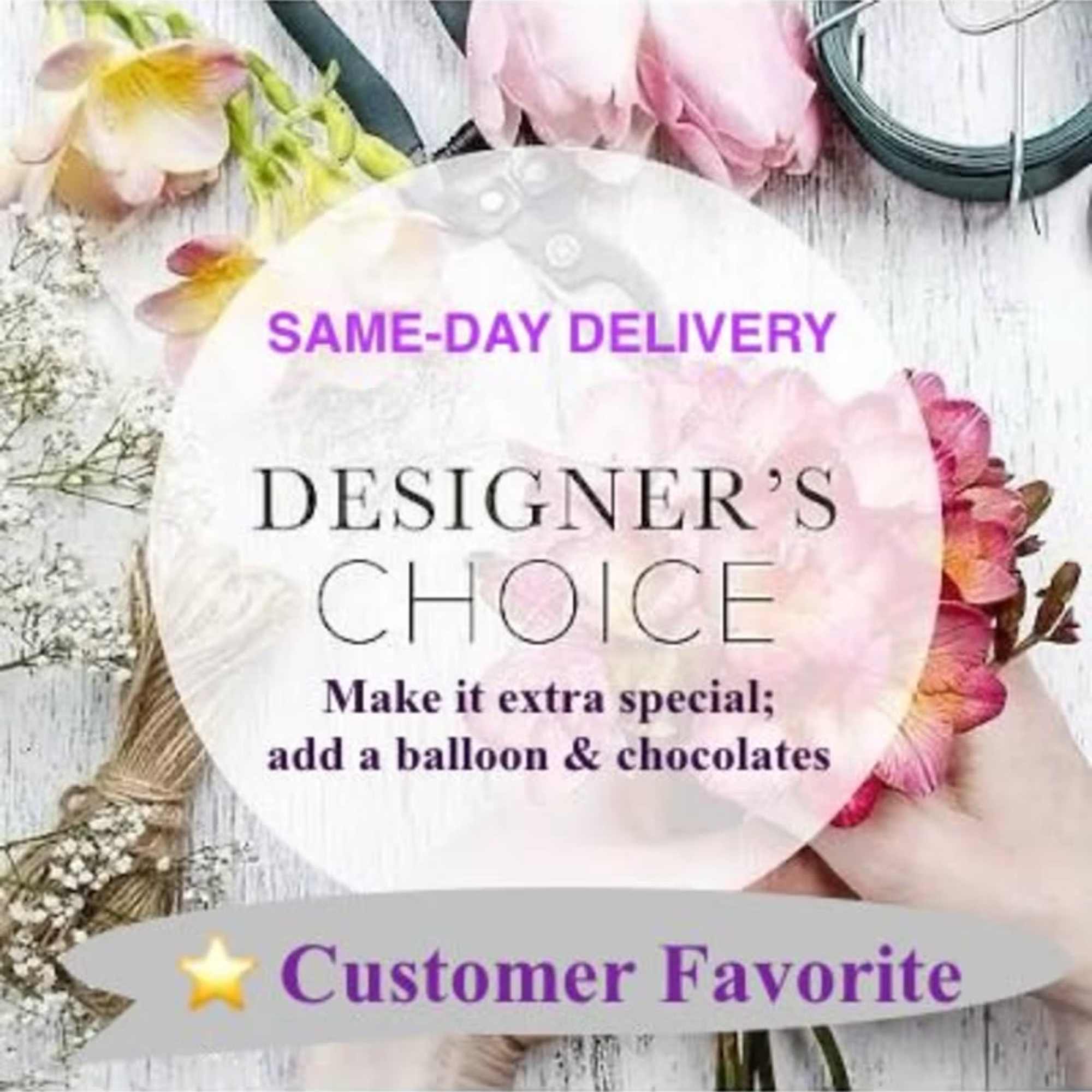 Promotional floral graphic with pink flowers and delivery text