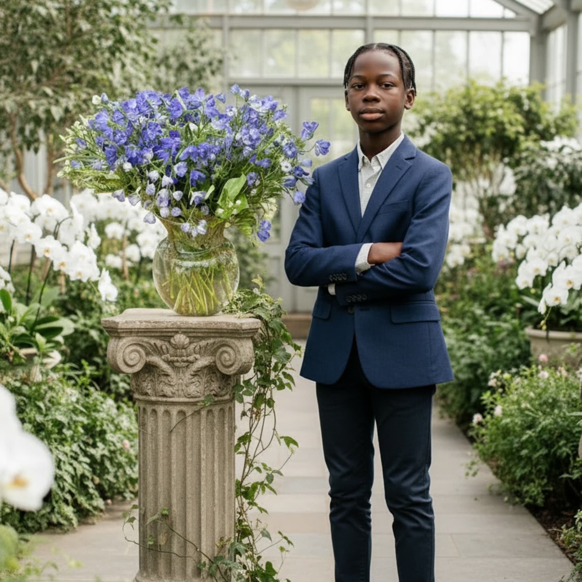Blue floral arrangement in a glass vase on a stone pedestal beside a boy in a suit