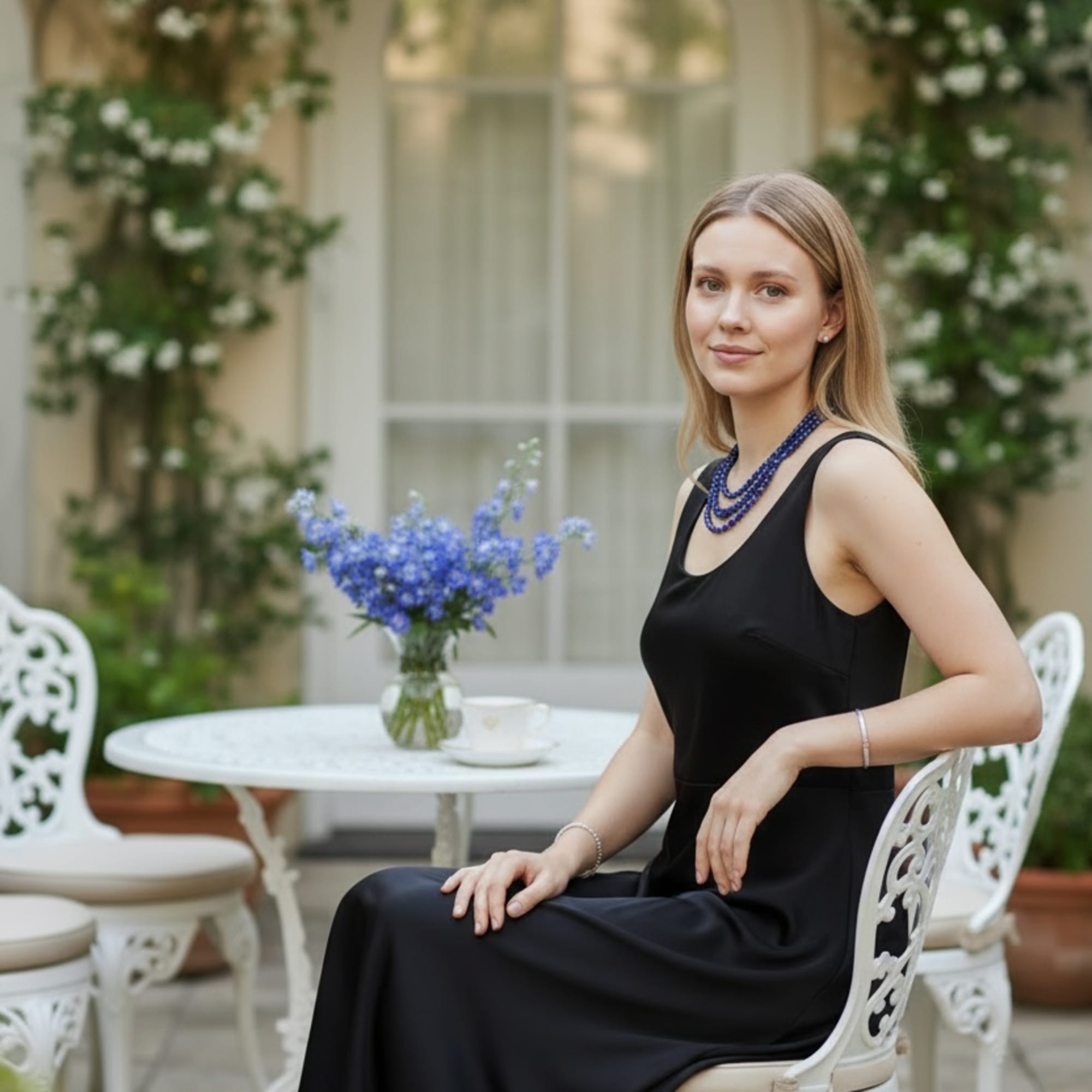 Woman in a black dress seated beside a small vase of blue flowers on a patio