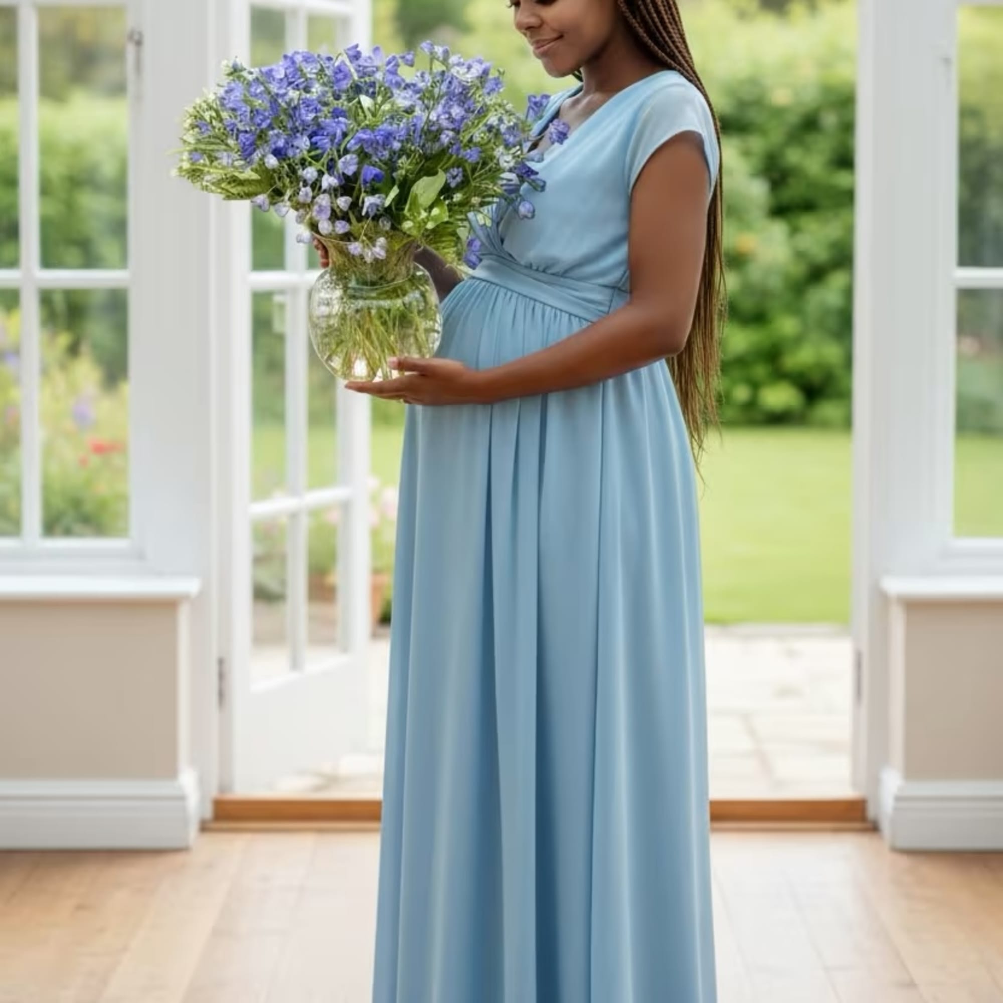 Woman in a blue dress holding a vase of purple flowers