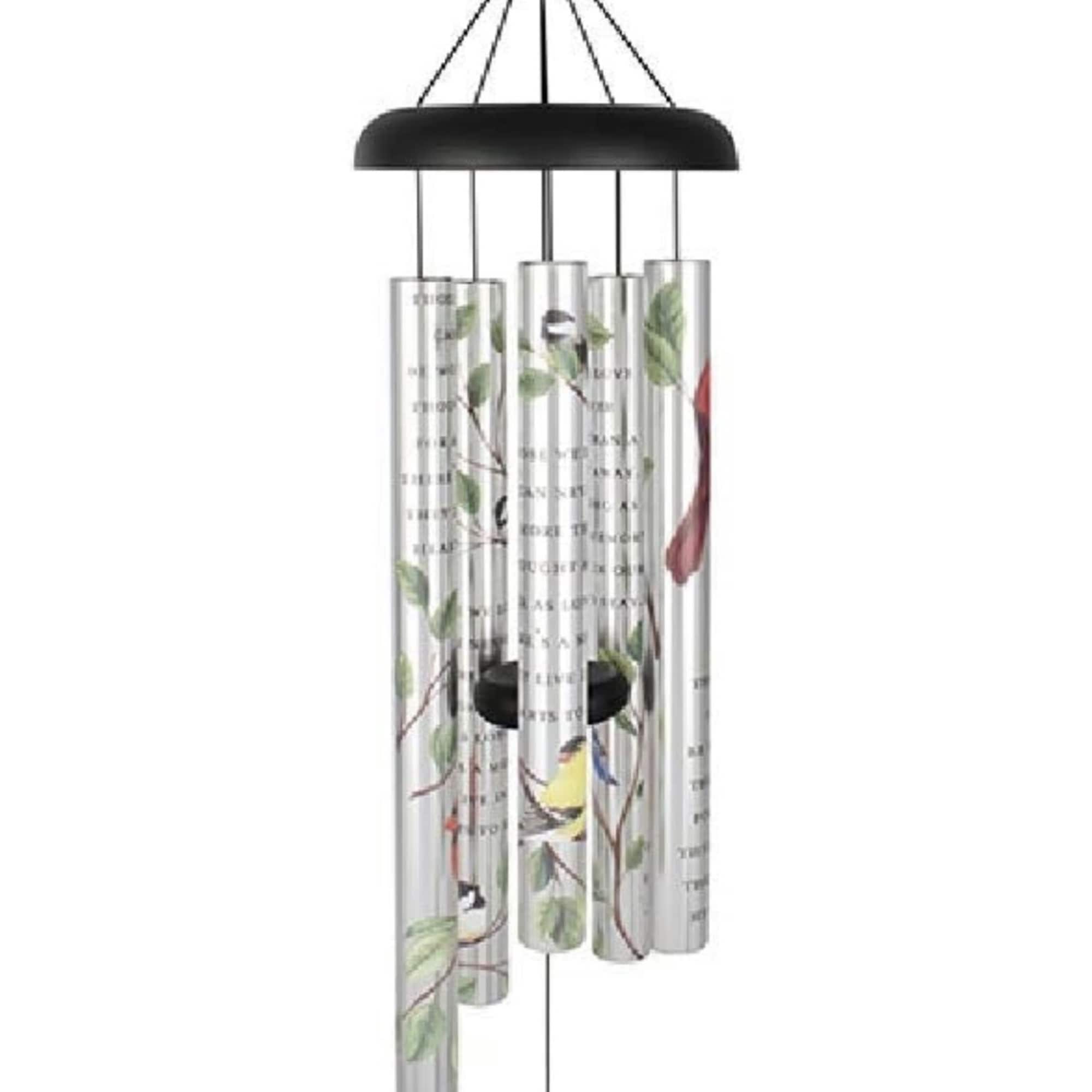 Black hanging wind chime with printed tubes and a clapper