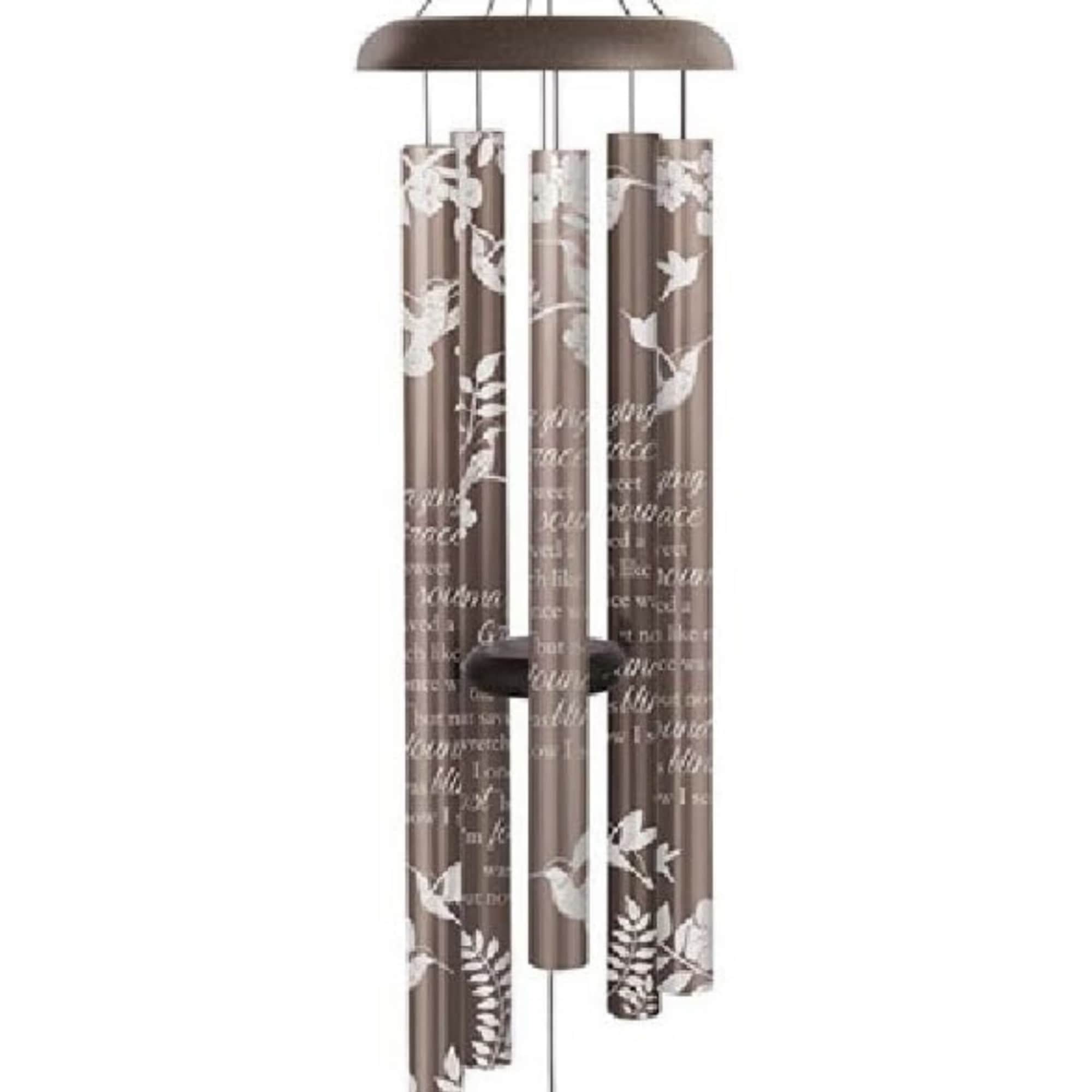 Brown hanging wind chime with bird and leaf designs