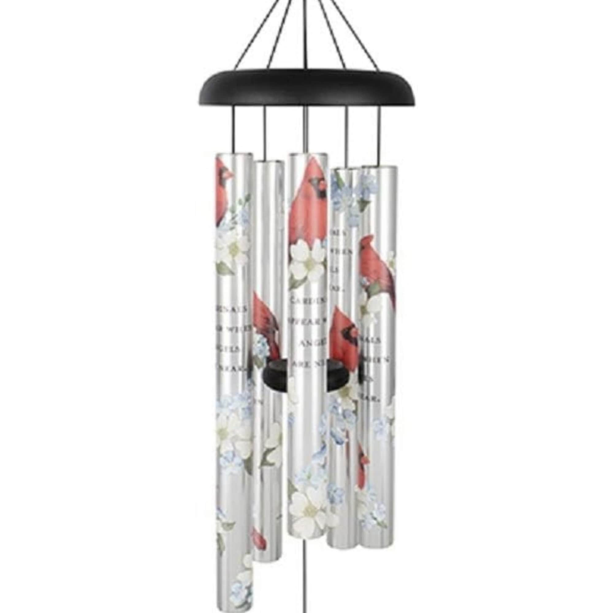 Decorative wind chime with floral-printed metal tubes and a black clapper