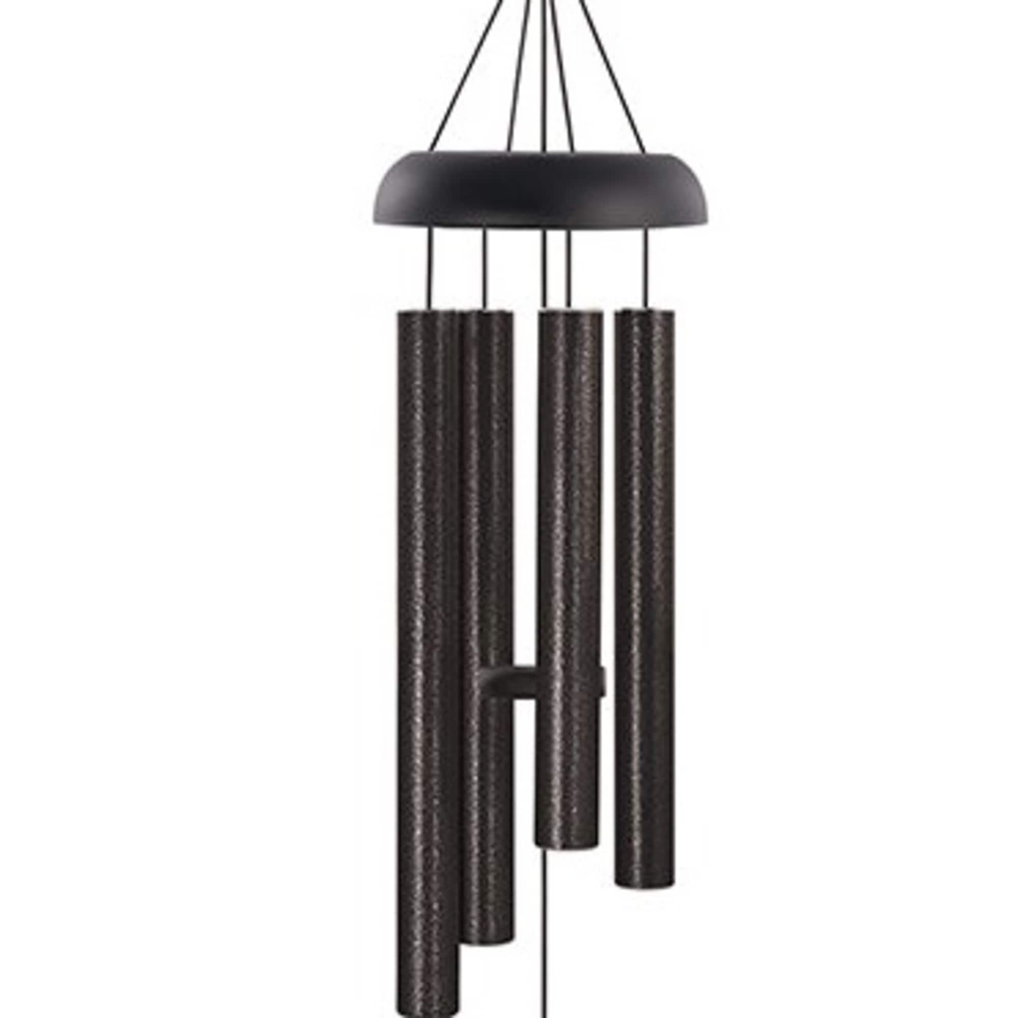 Black metal wind chime with hanging tubes and a clapper