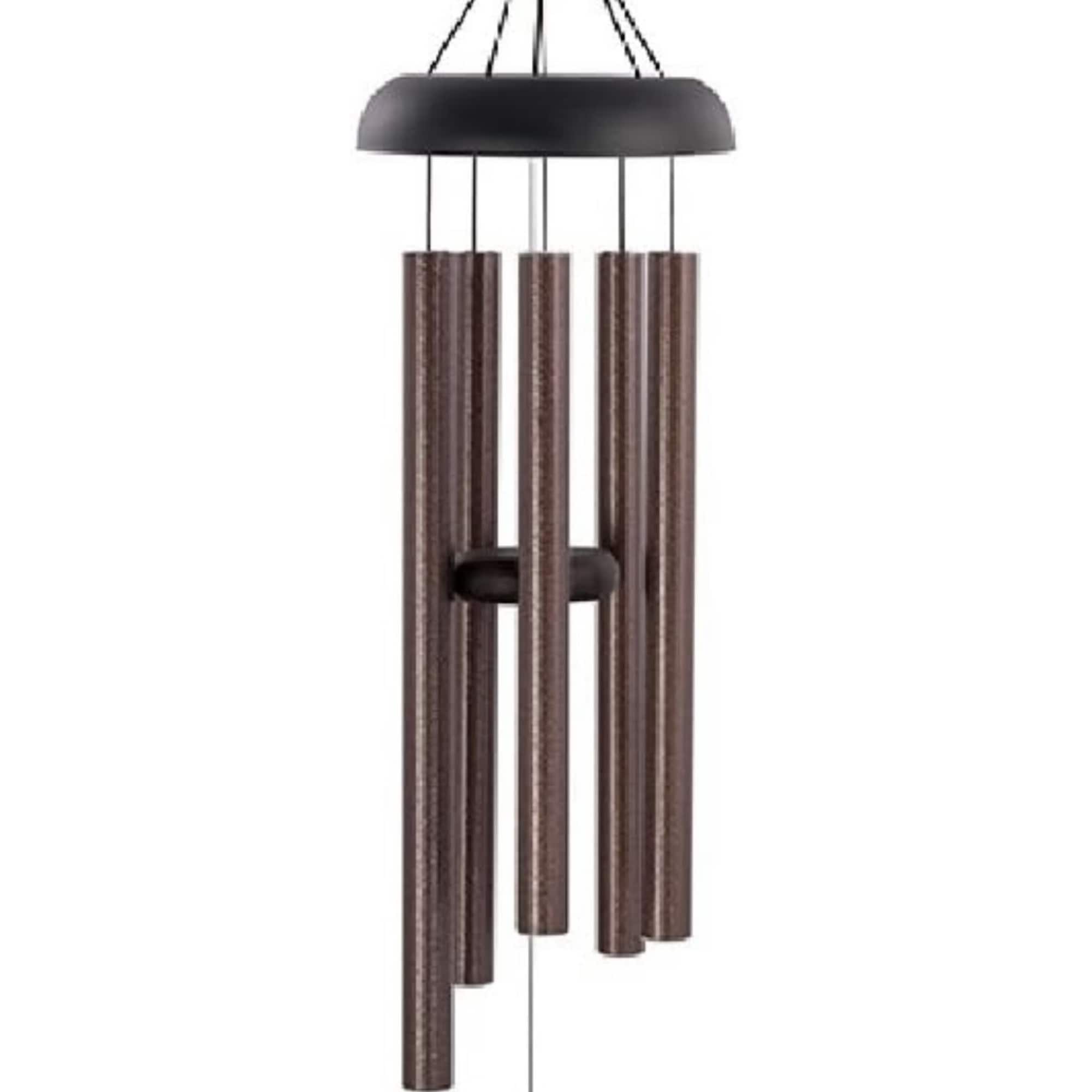Black hanging wind chime with brown tubes and a teardrop-shaped sail