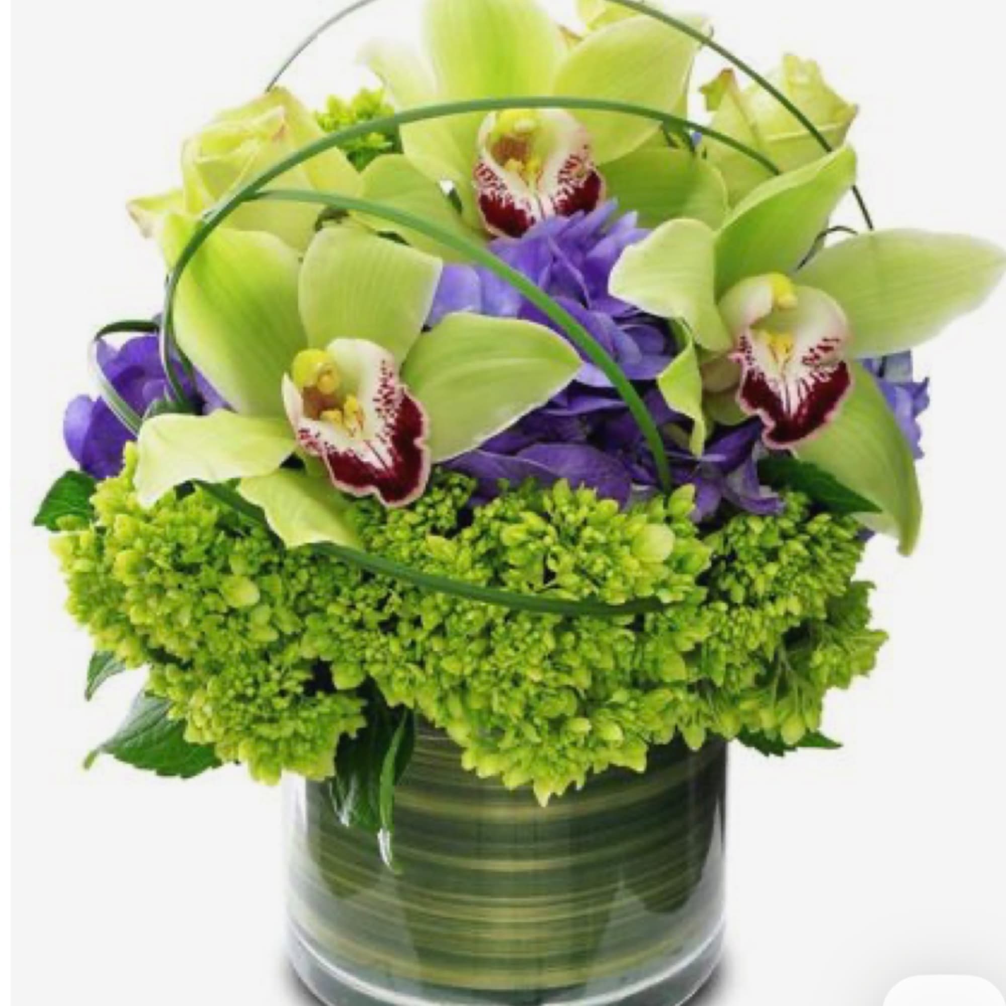 Green and purple orchid arrangement in a striped glass vase