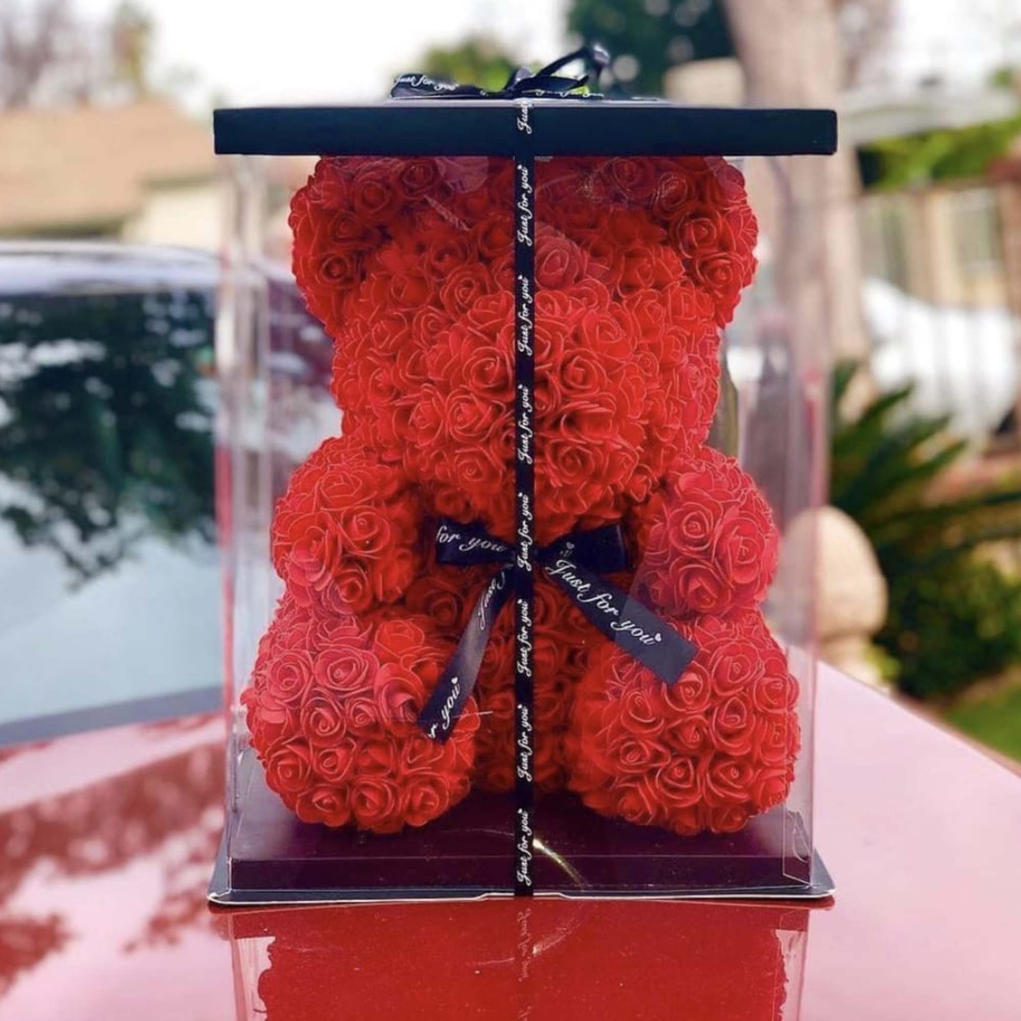 Red rose teddy bear in a clear display box with black base and ribbon