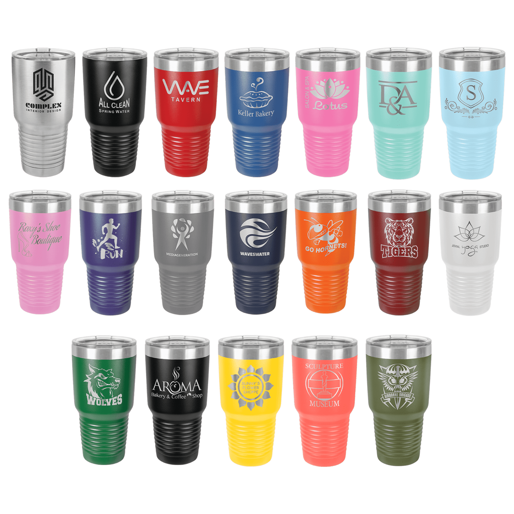 Assorted branded insulated tumblers in multiple colors