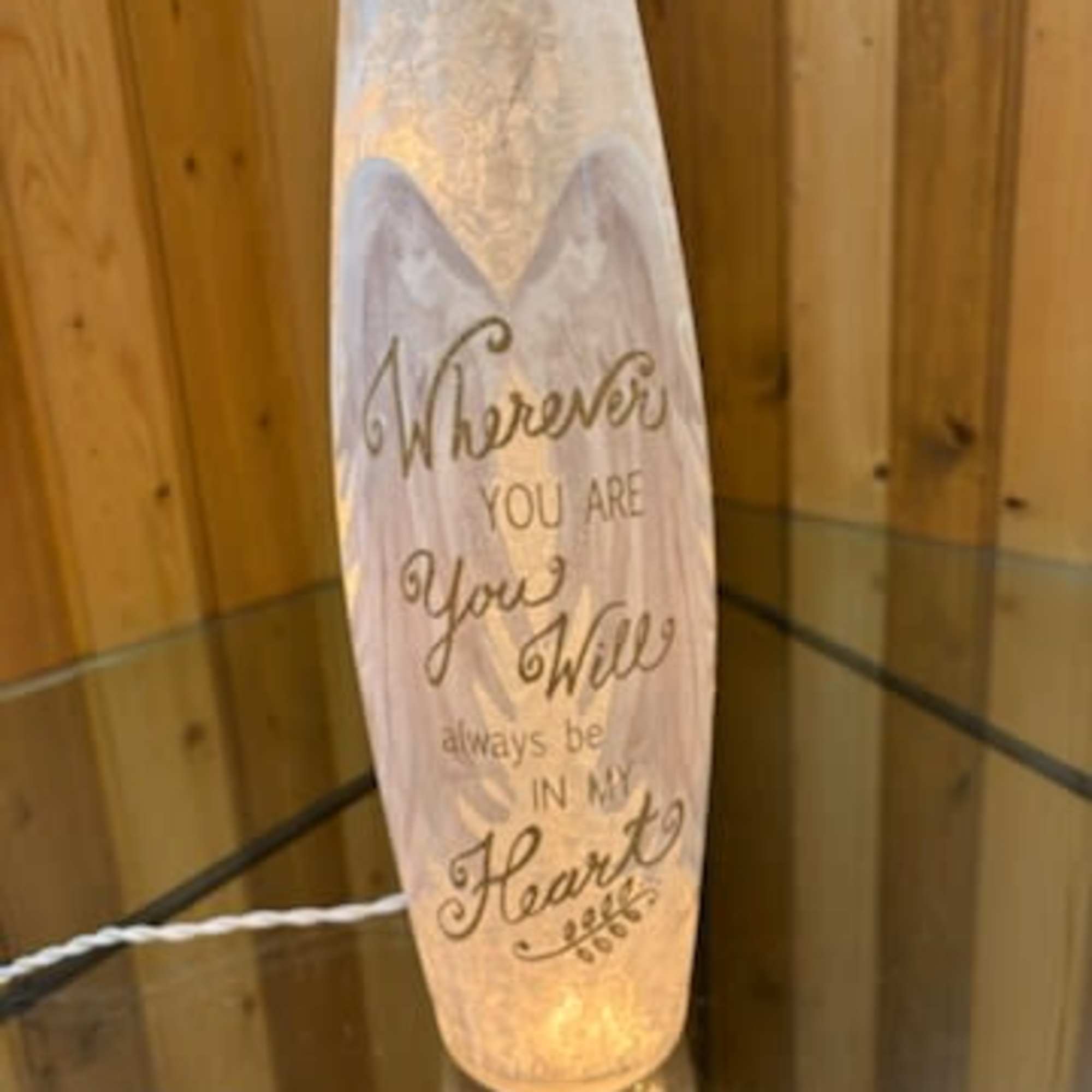 Decorative glass candle holder with a printed quote