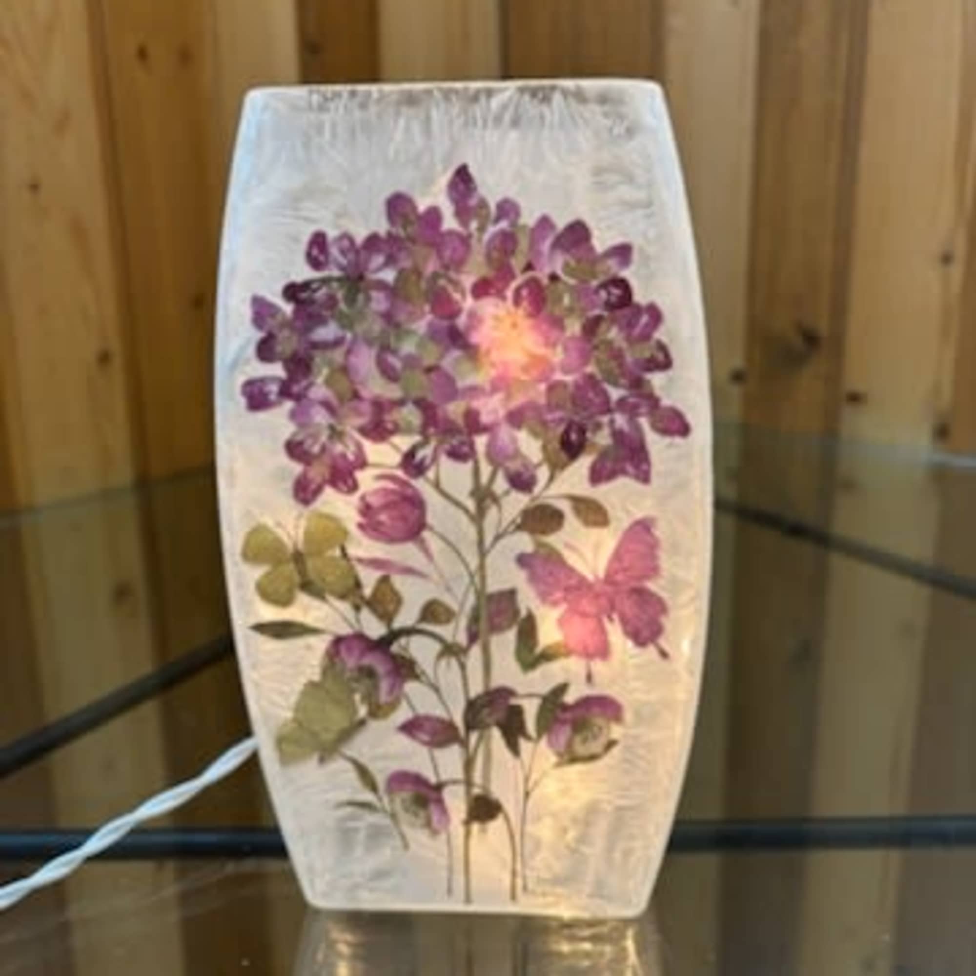 Decorative glass lamp with purple floral and butterfly design