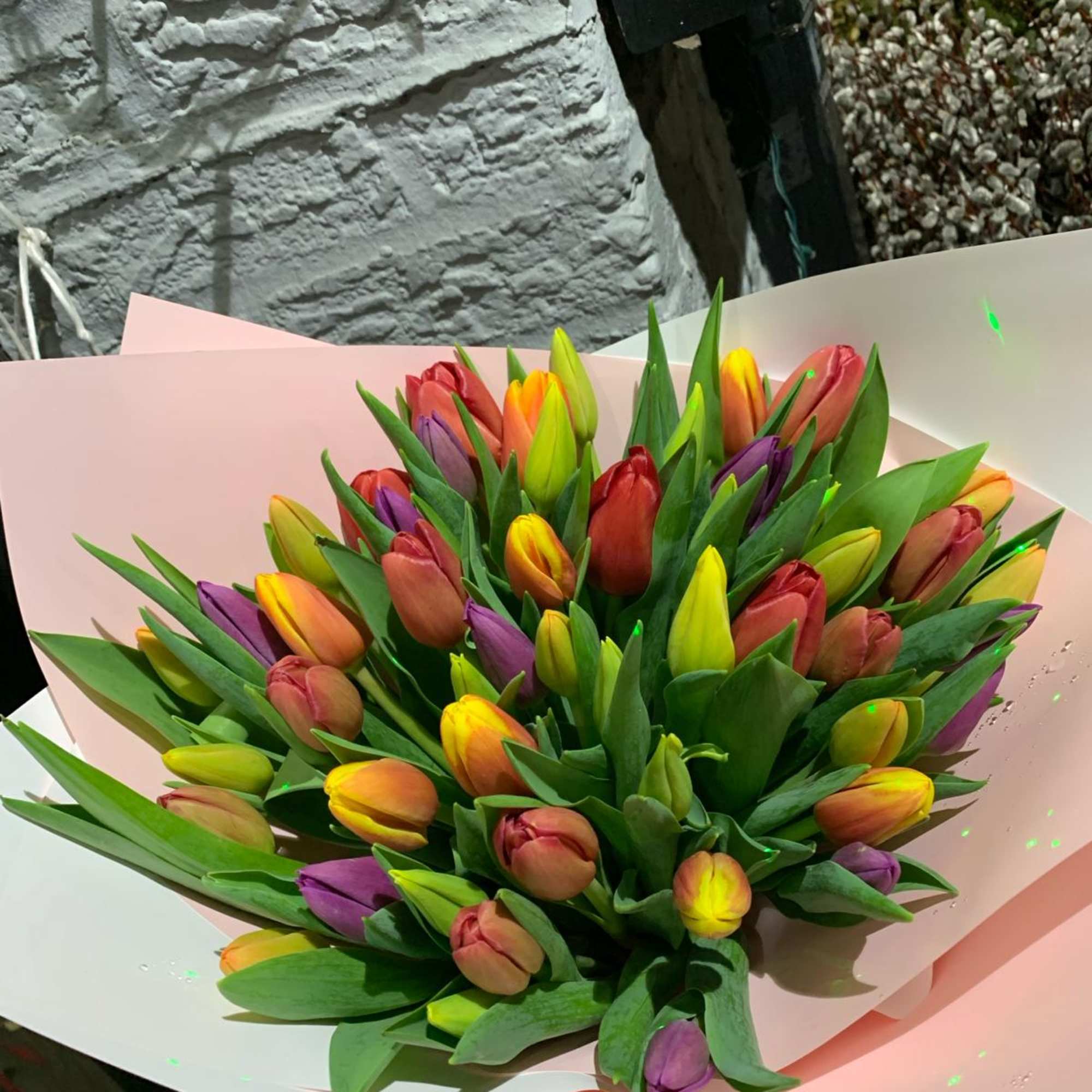 Bouquet of multicolored tulips wrapped in pink paper, photo 2 of 3
