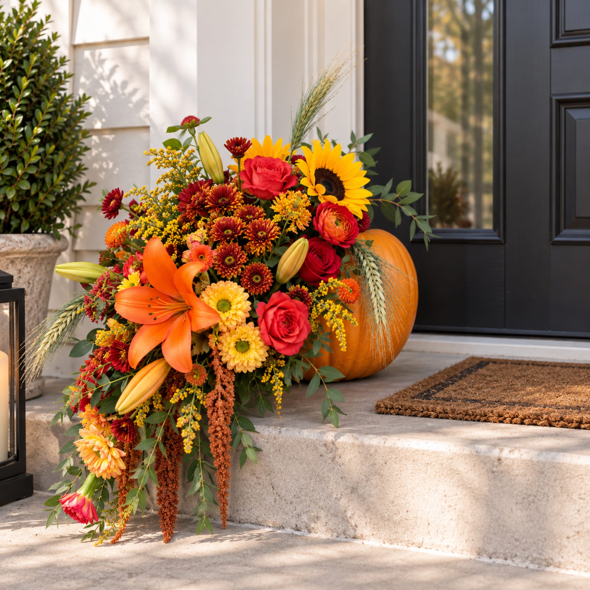 Autumn floral arrangement with sunflowers, roses, lilies, and a pumpkin