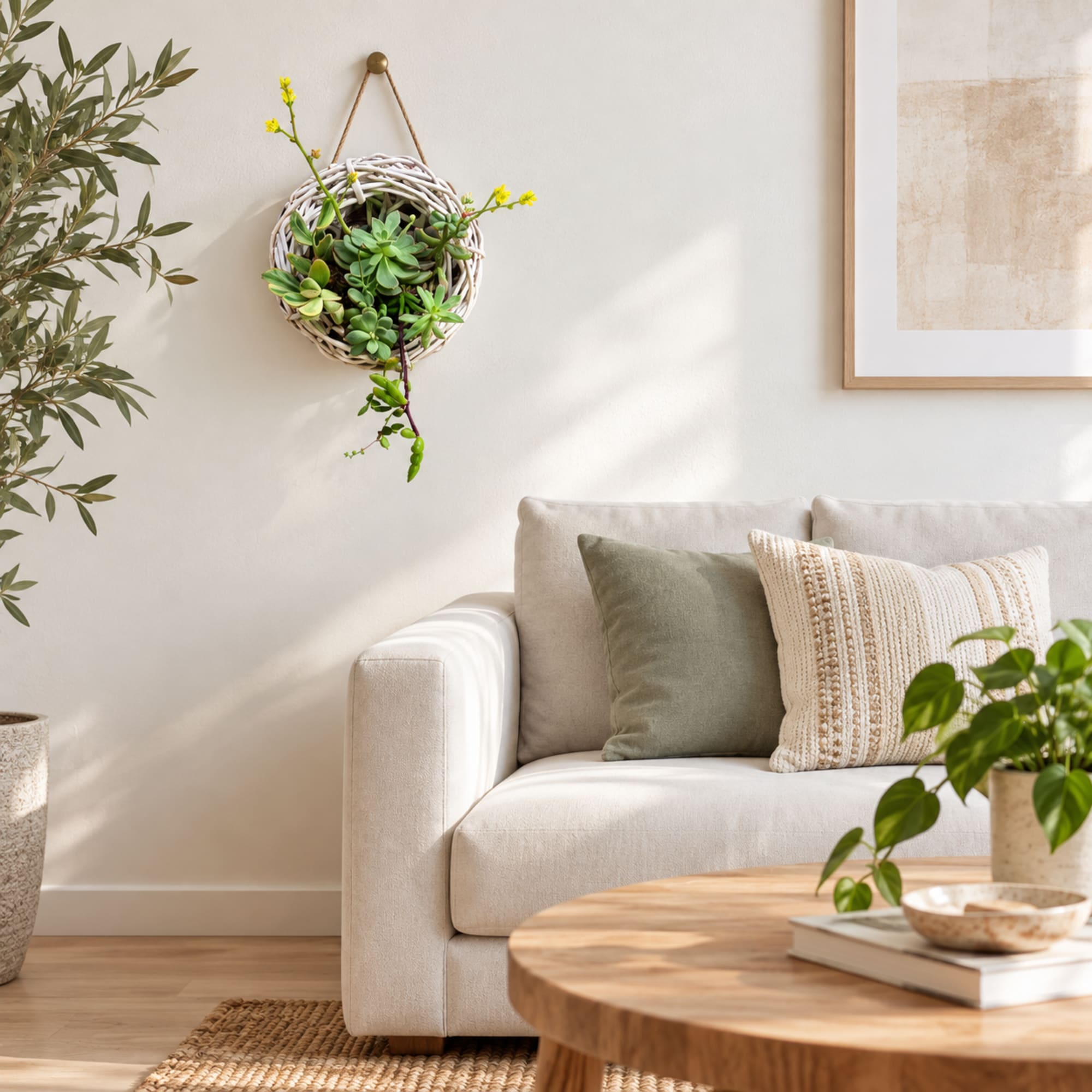 Wall-hung succulent planter in a woven basket with small yellow blooms