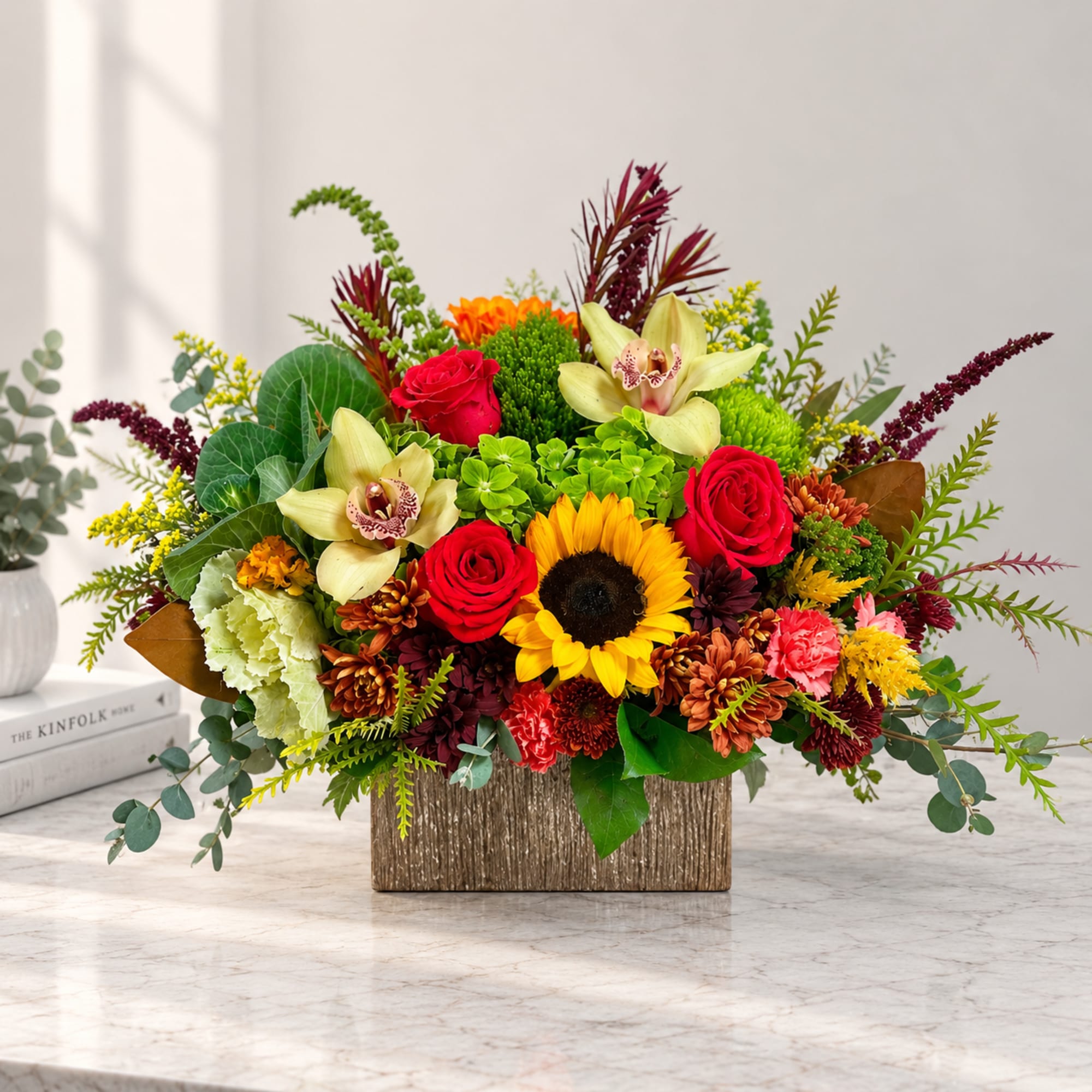 Colorful mixed flower arrangement in a textured rectangular vase, photo 2 of 2